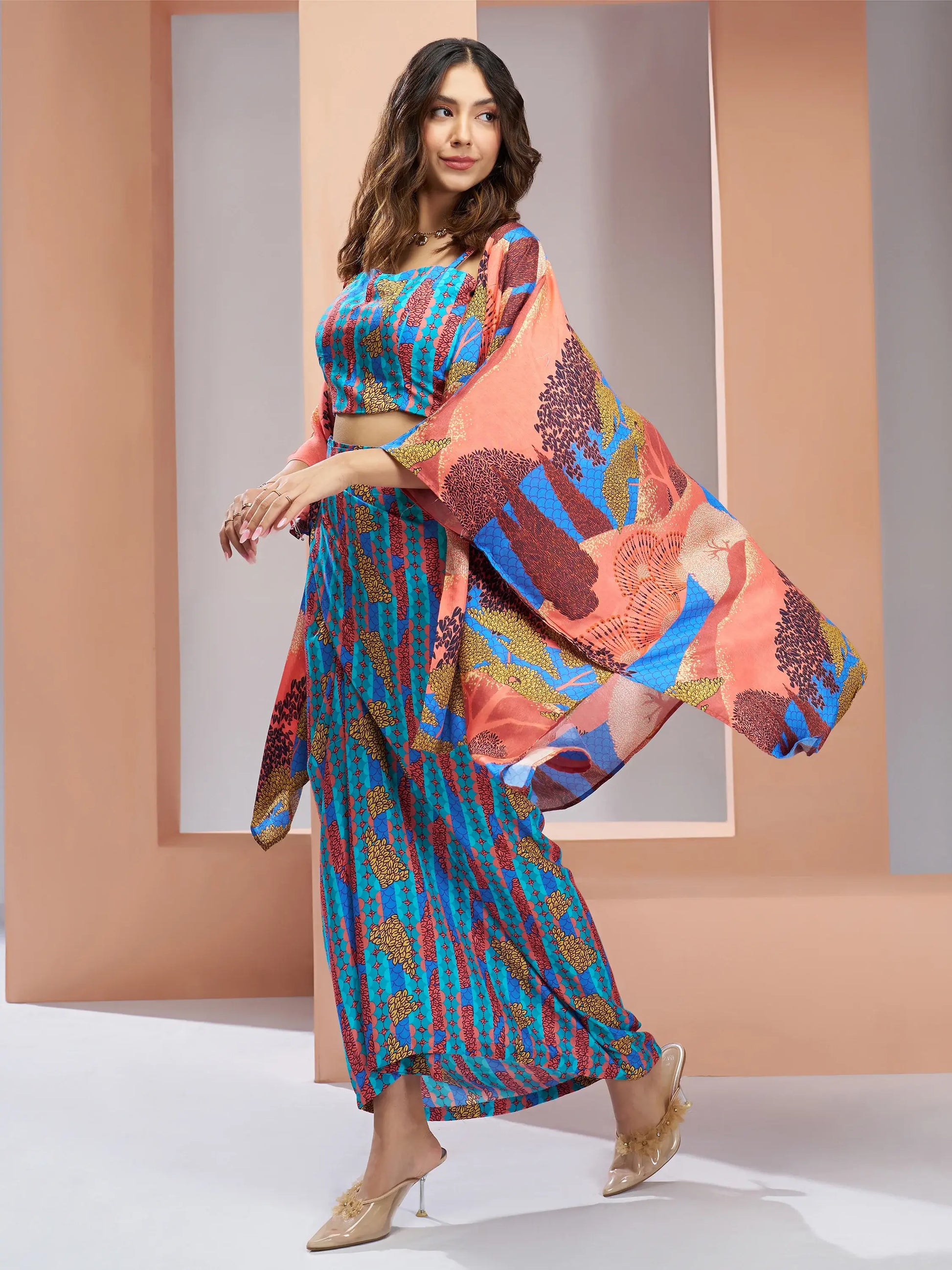 Gorgeous Blue Printed Muslin Silk Party Wear Co-Ord Set With Shrug - Zeel Clothing