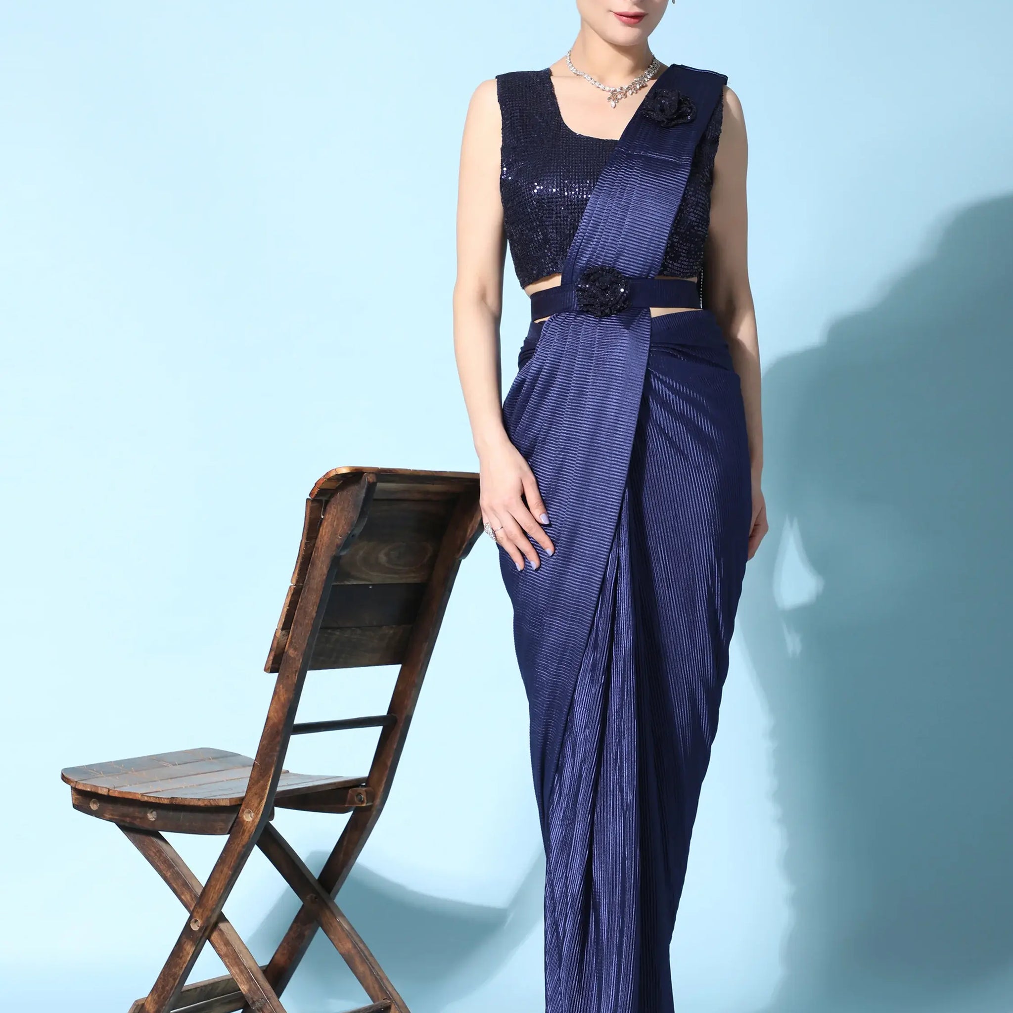 Gorgeous Blue Satin Ready To Wear Designer Saree With Blouse - Zeel Clothing