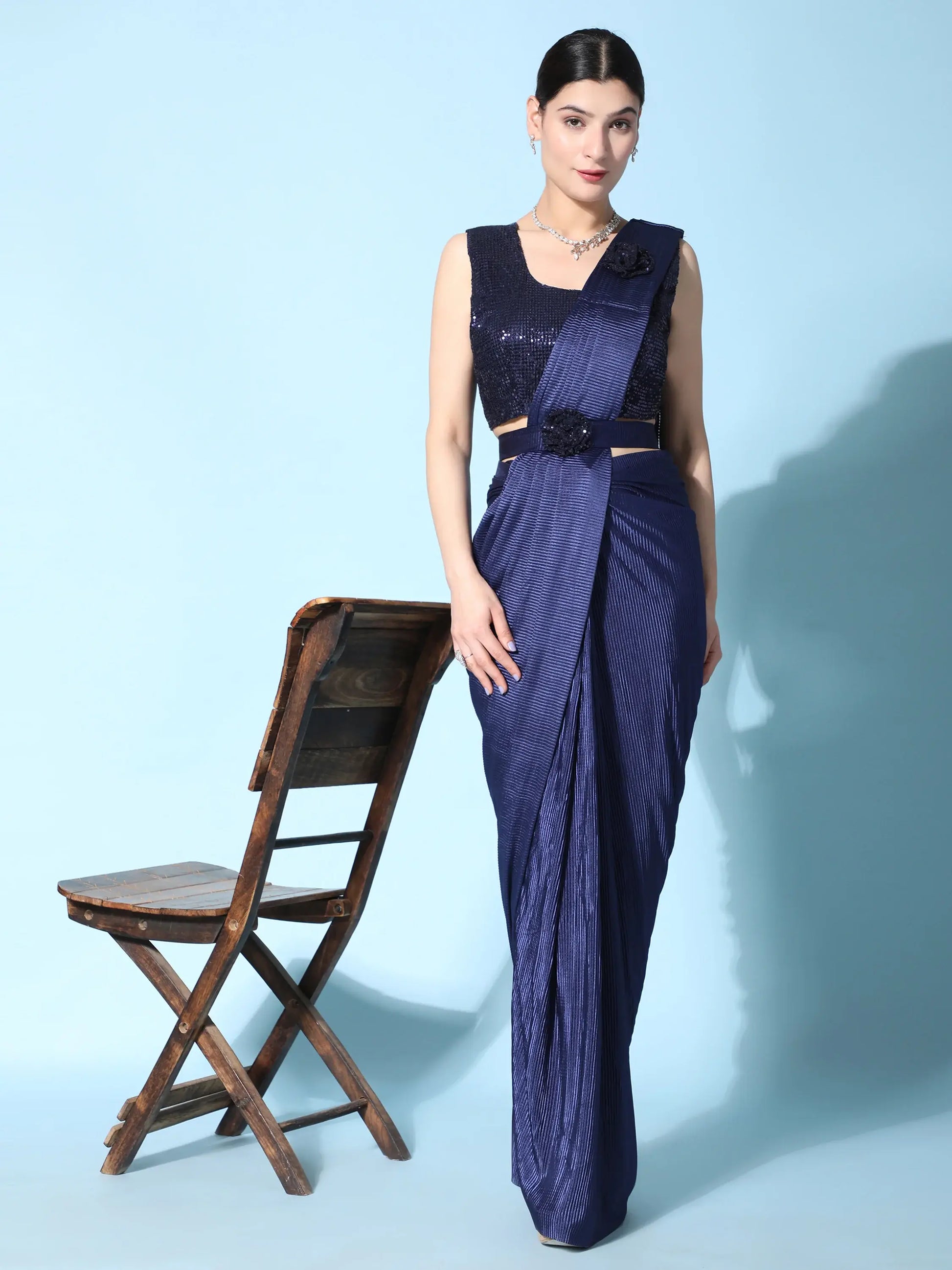 Gorgeous Blue Satin Ready To Wear Designer Saree With Blouse - Zeel Clothing