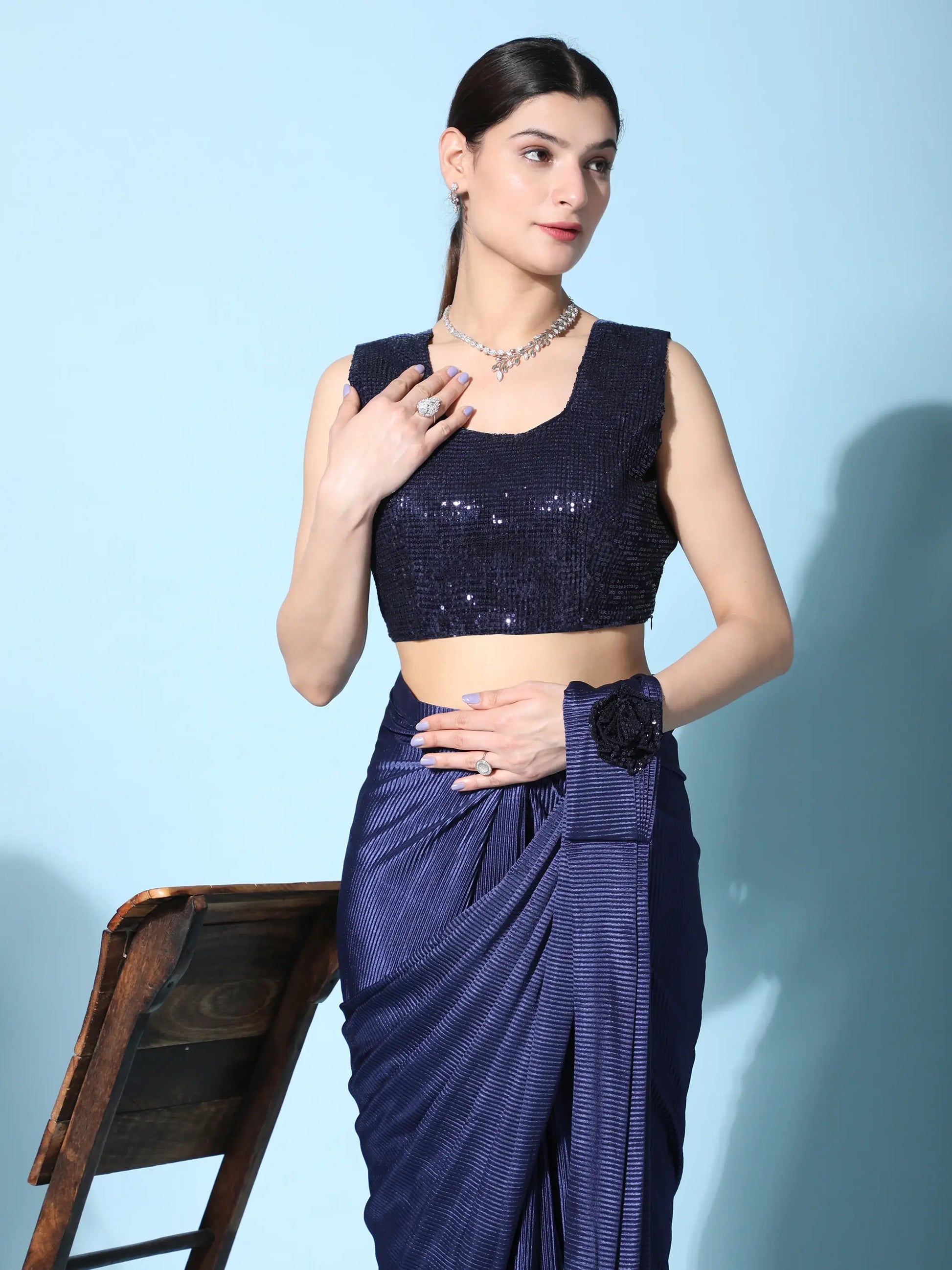 Gorgeous Blue Satin Ready To Wear Designer Saree With Blouse - Zeel Clothing