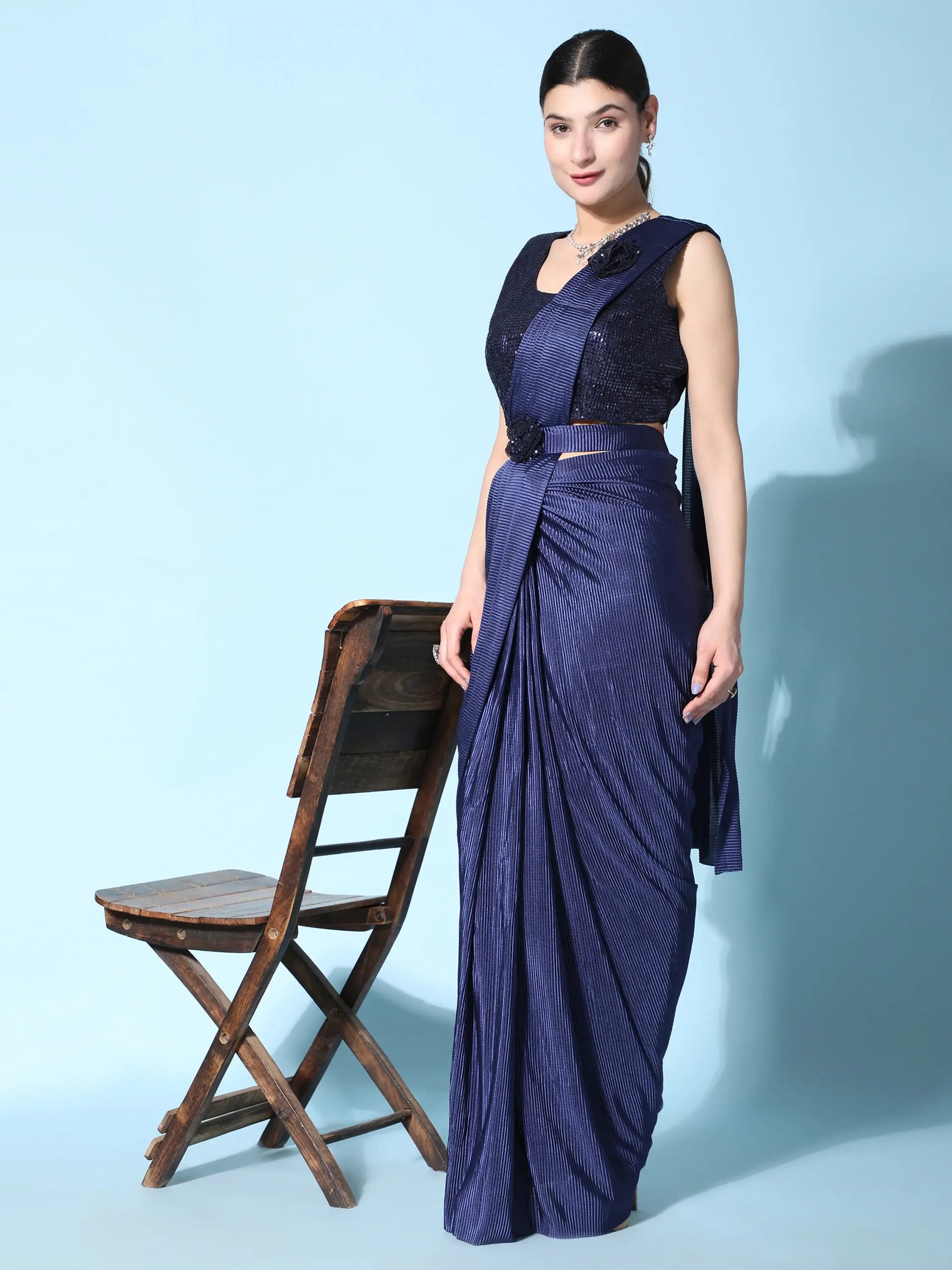 Gorgeous Blue Satin Ready To Wear Designer Saree With Blouse - Zeel Clothing