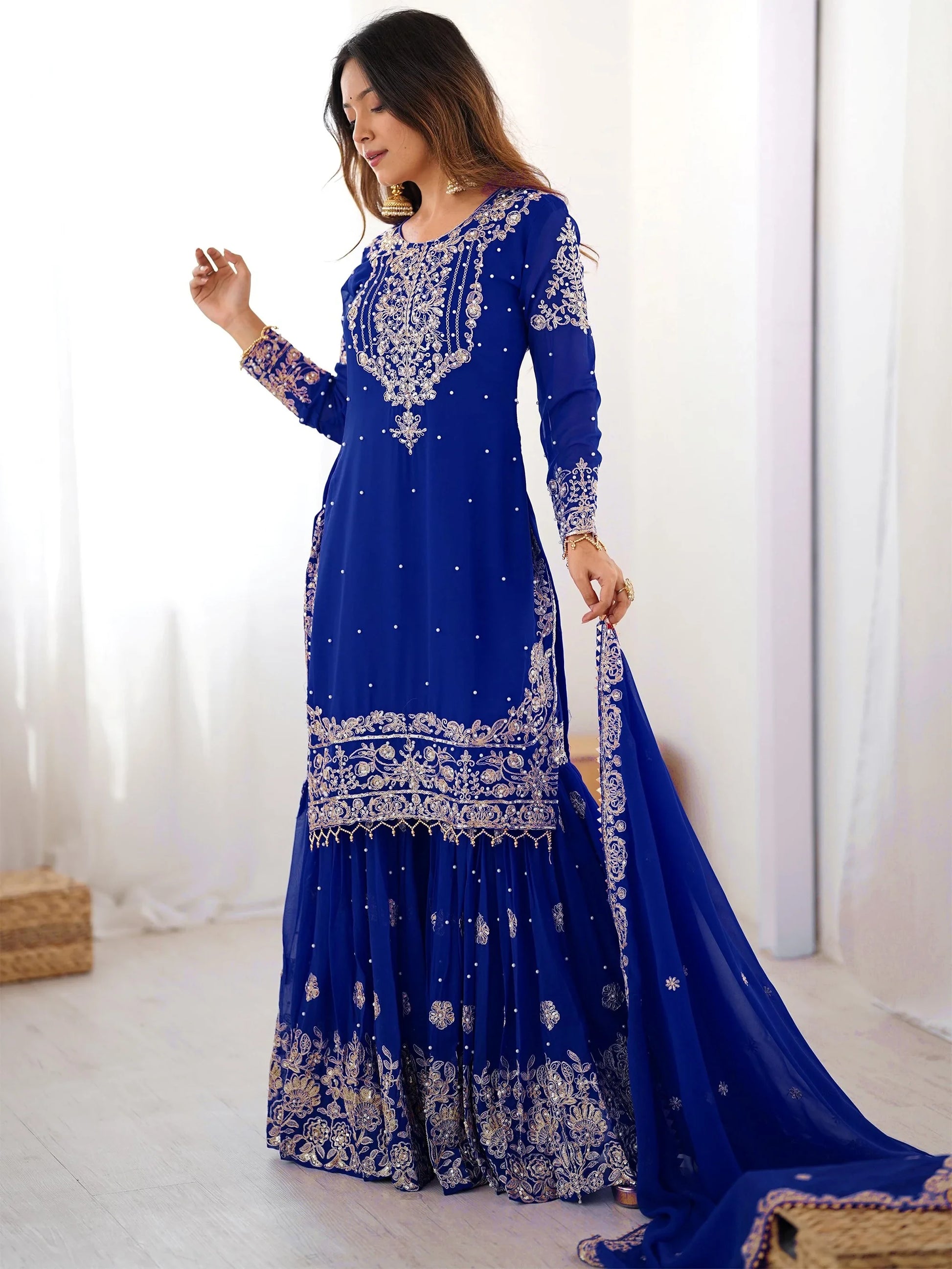 Gorgeous Blue Sequins Work Georgette Reception Wear Sharara Suit