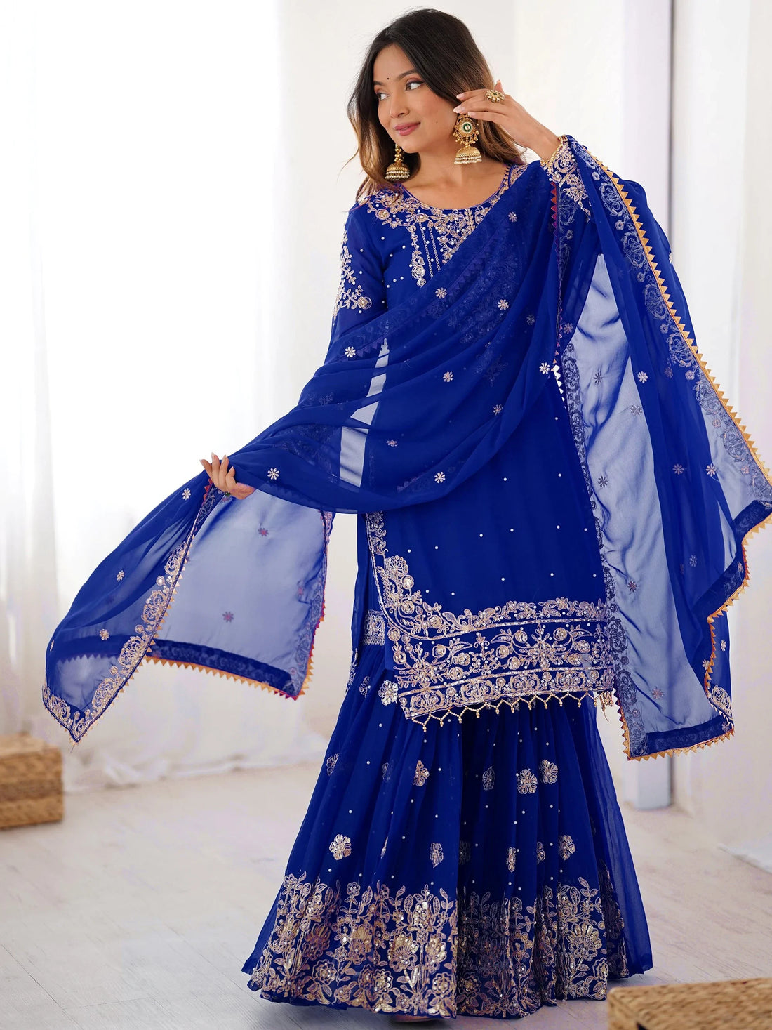 Gorgeous Blue Sequins Work Georgette Reception Wear Sharara Suit