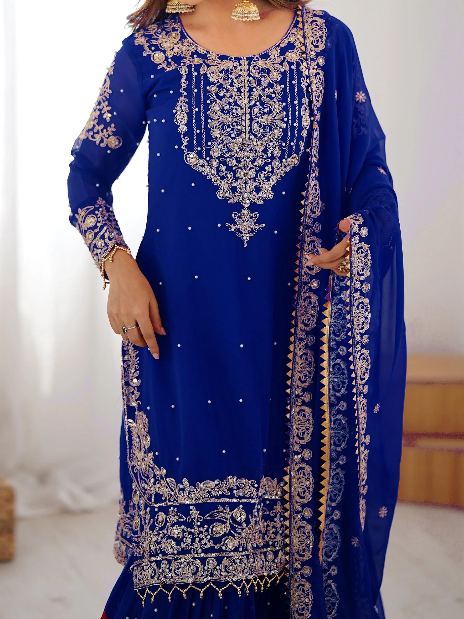 Gorgeous Blue Sequins Work Georgette Reception Wear Sharara Suit