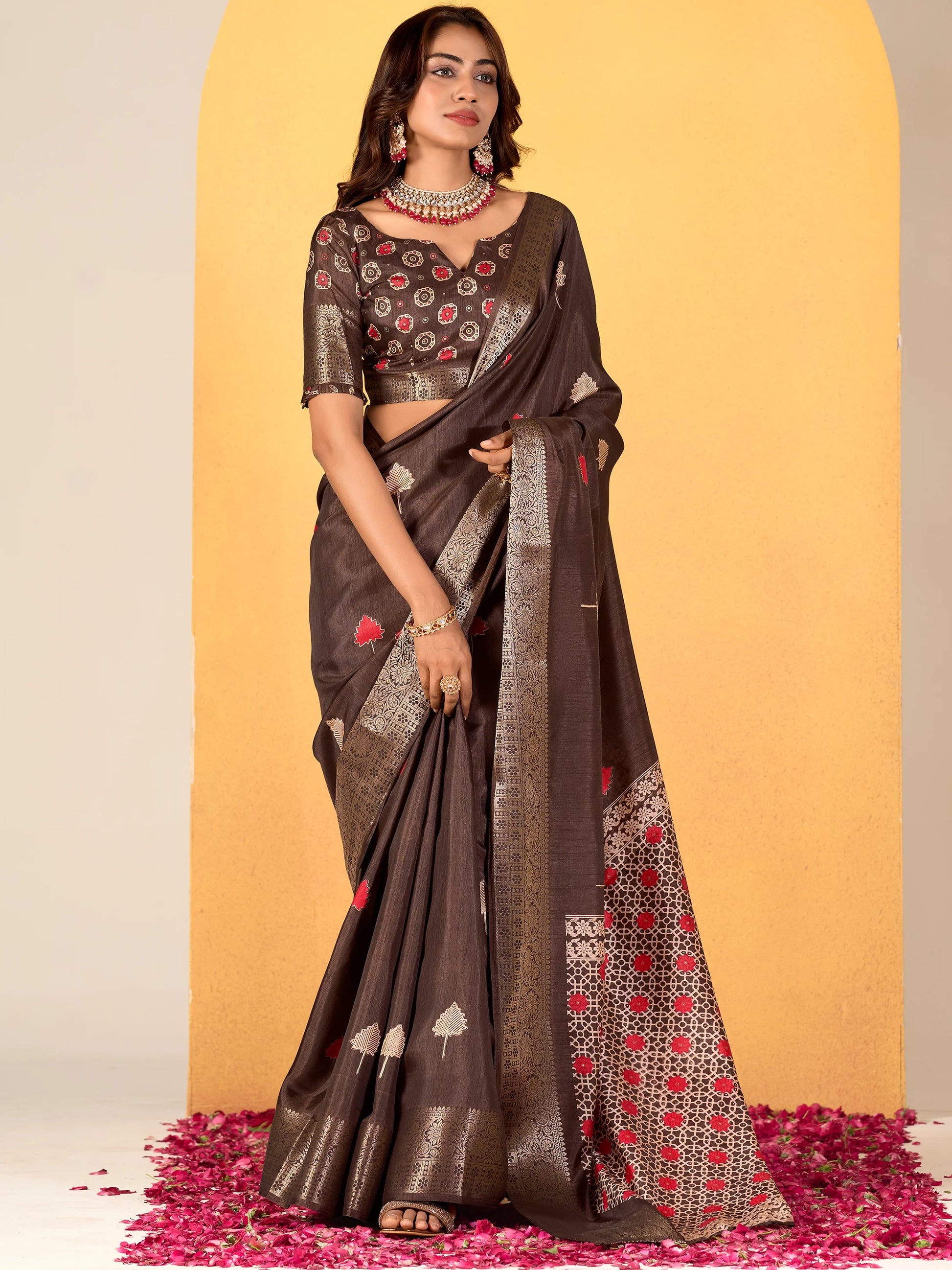 Gorgeous Brown Foil Printed Dola Silk Saree With Blouse - Zeel Clothing