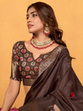 Gorgeous Brown Foil Printed Dola Silk Saree With Blouse - Zeel Clothing