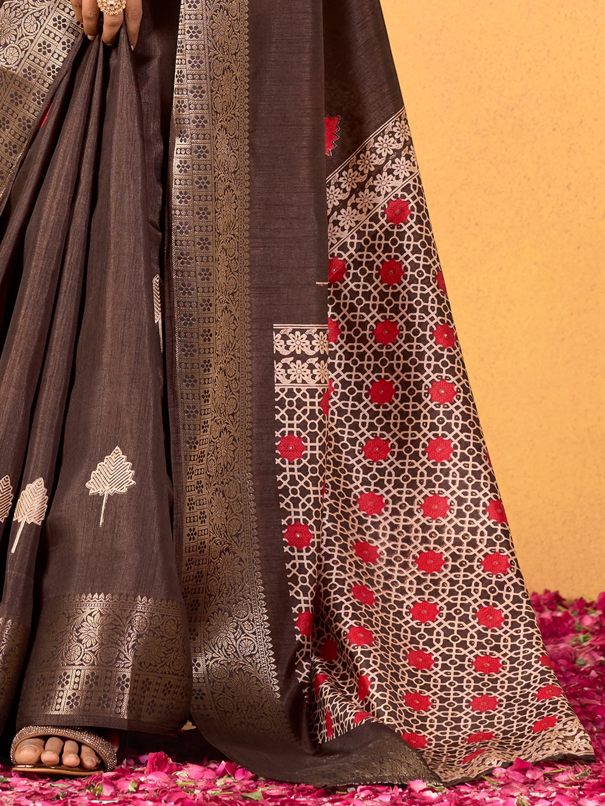 Gorgeous Brown Foil Printed Dola Silk Saree With Blouse - Zeel Clothing