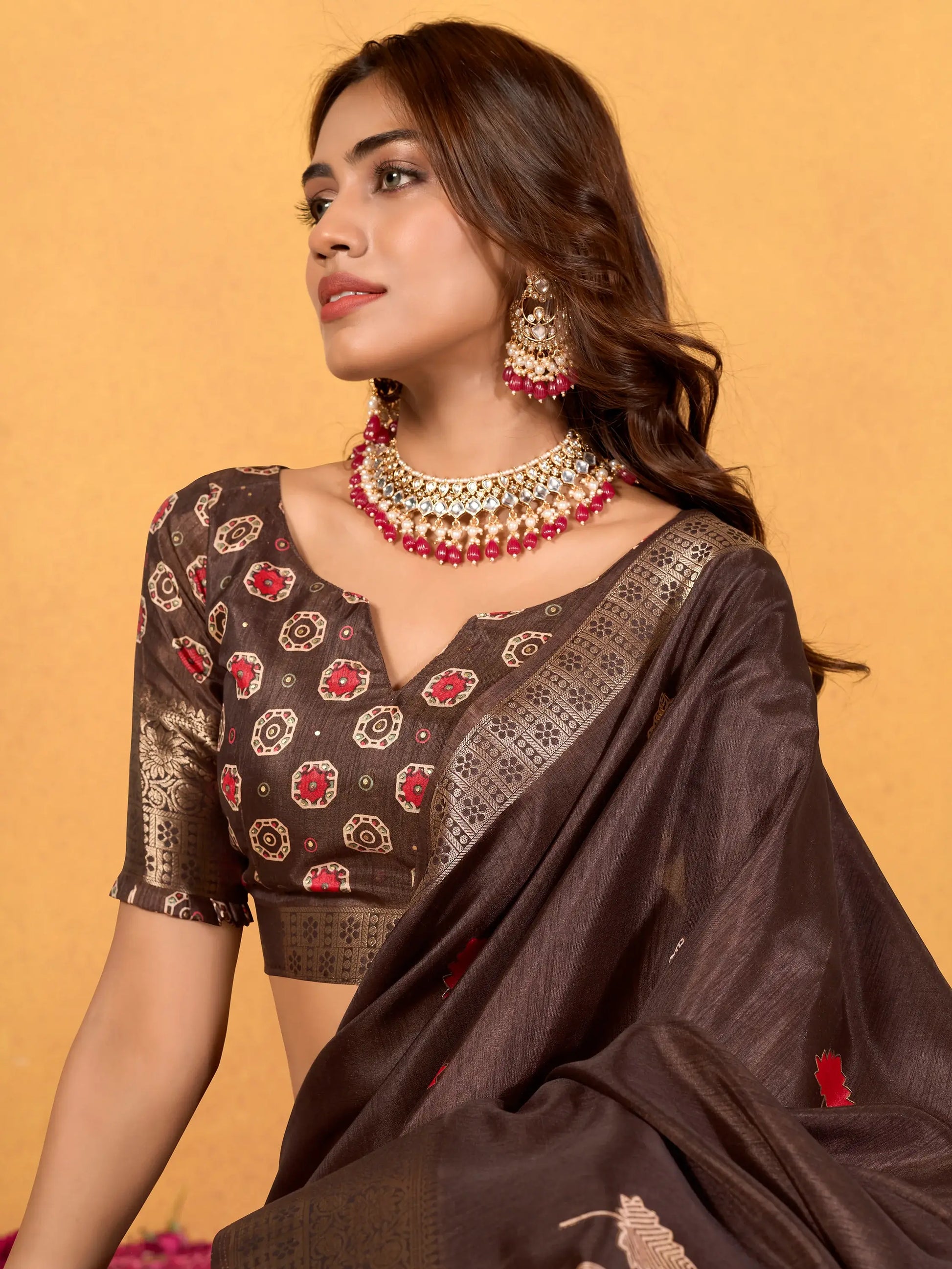 Gorgeous Brown Foil Printed Dola Silk Saree With Blouse - Zeel Clothing