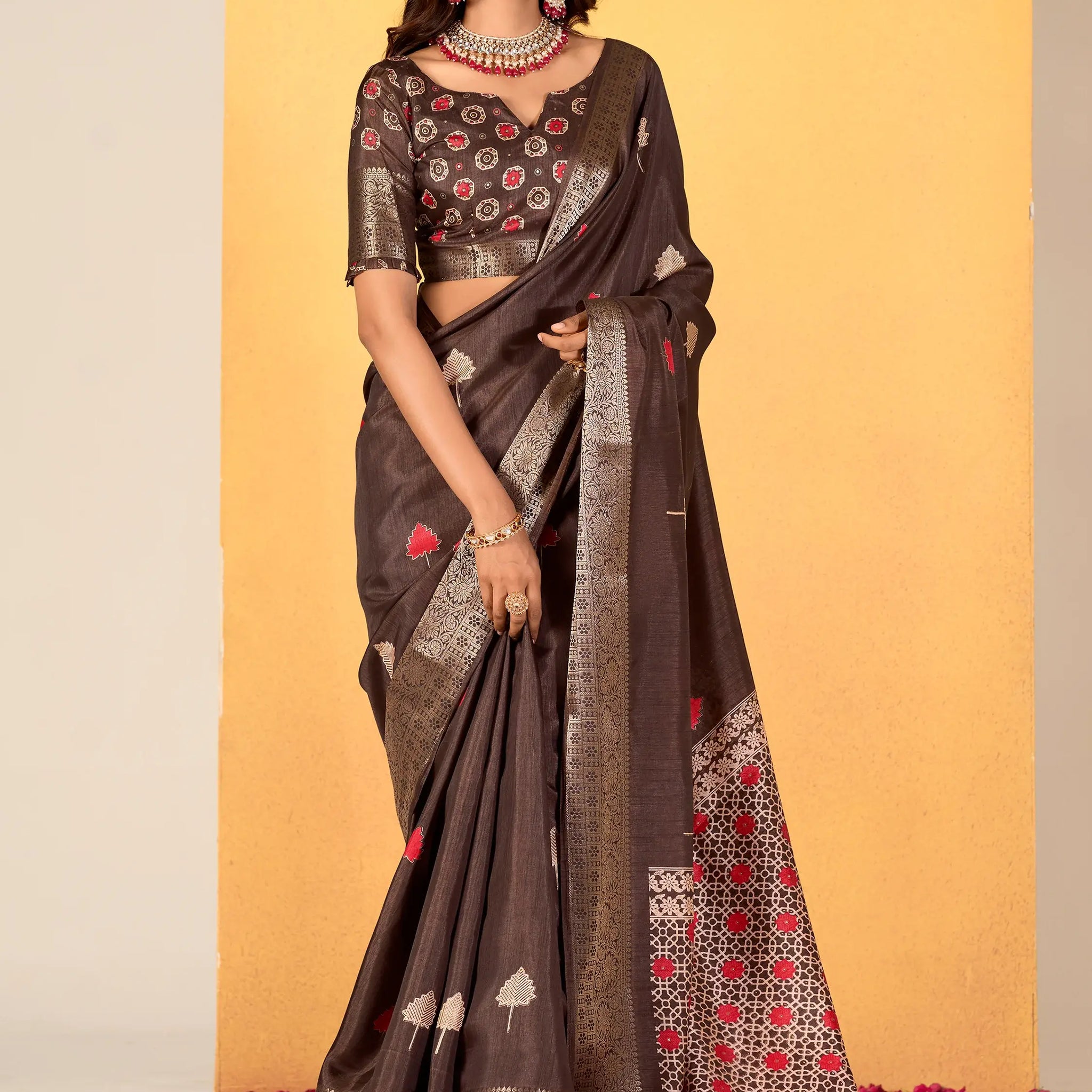 Gorgeous Brown Foil Printed Dola Silk Saree With Blouse - Zeel Clothing