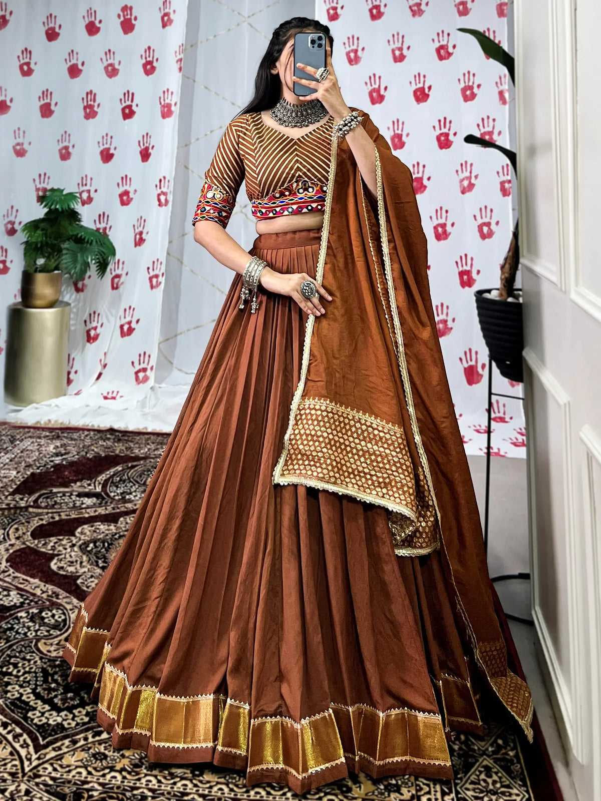 Gorgeous Brown Zari Weaving Border Chanderi Silk Navratri Wear Lehenga Choli - Zeel Clothing