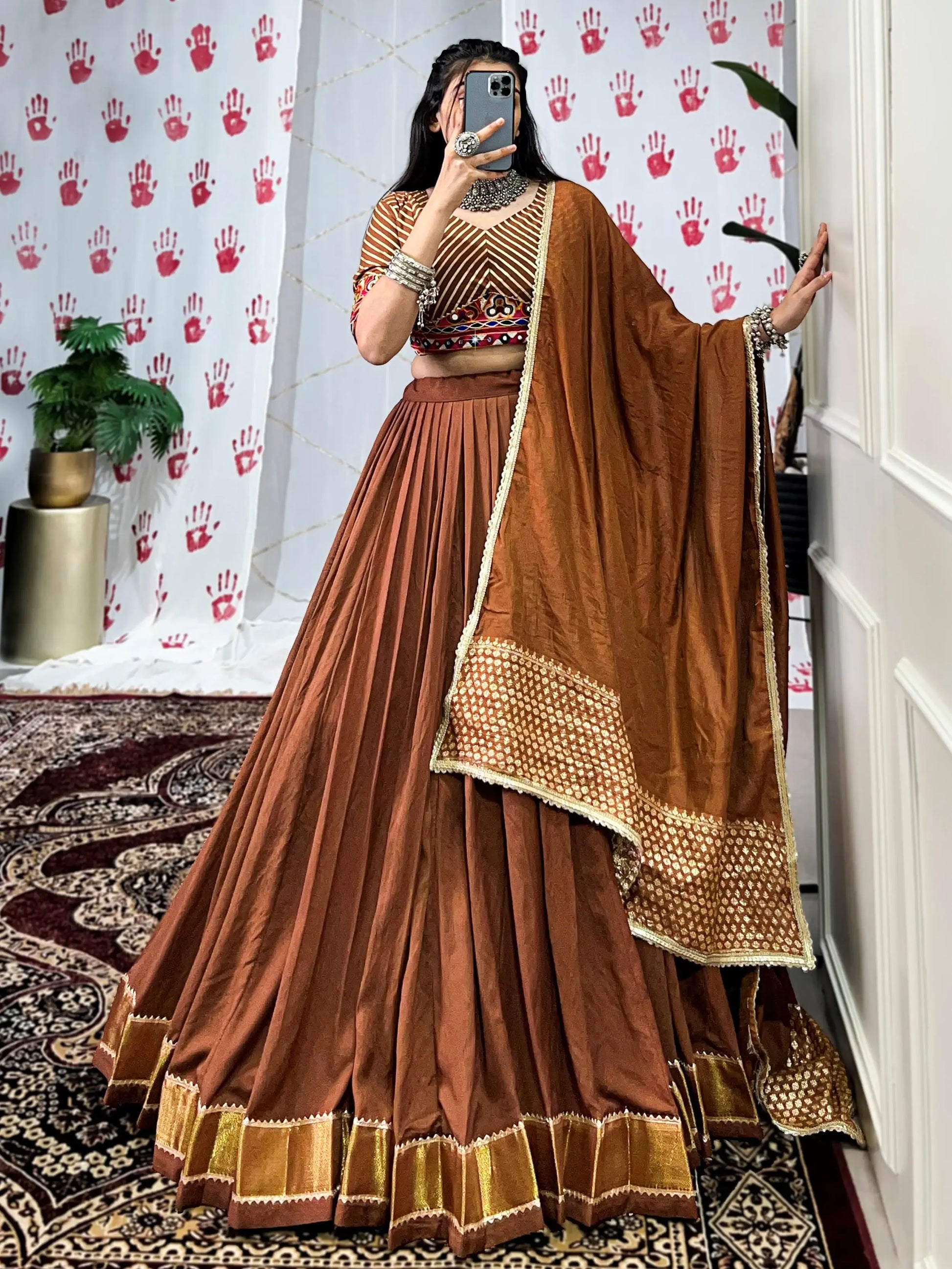 Gorgeous Brown Zari Weaving Border Chanderi Silk Navratri Wear Lehenga Choli - Zeel Clothing