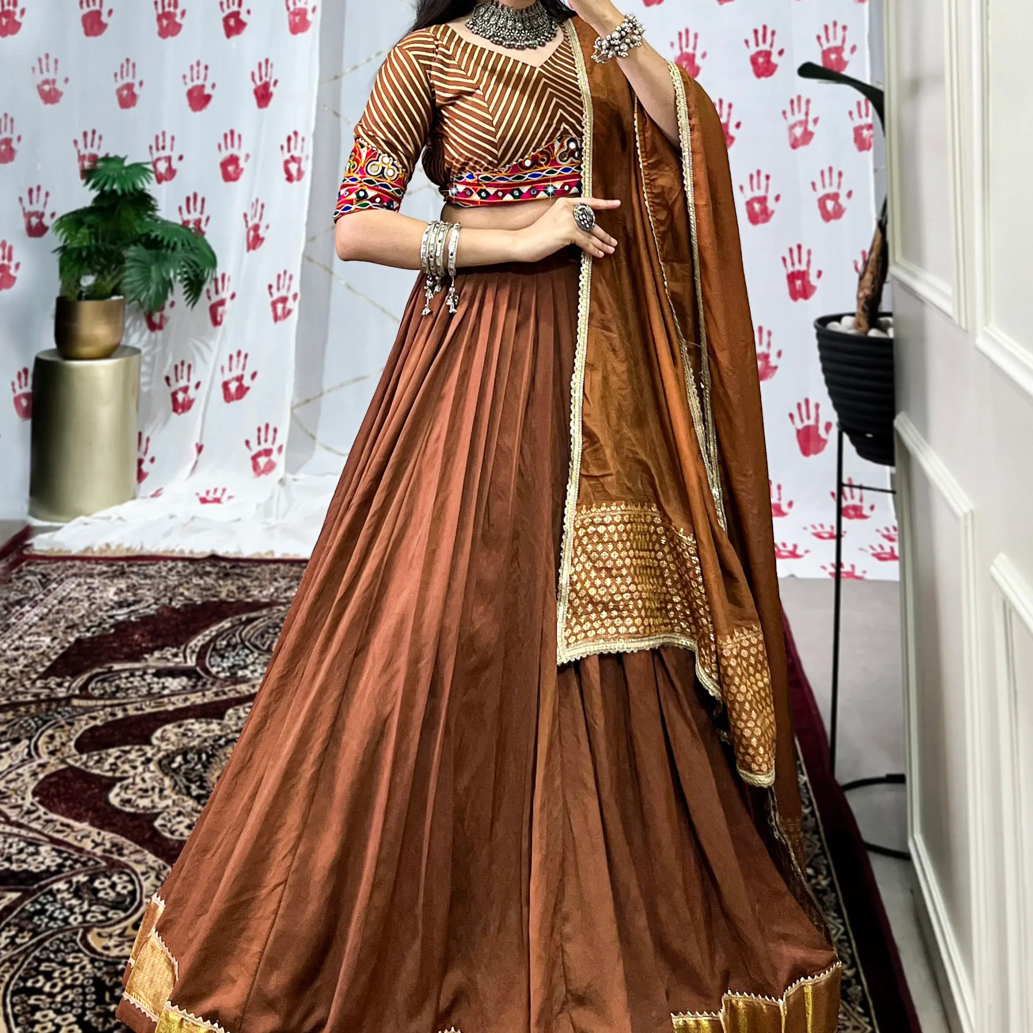 Gorgeous Brown Zari Weaving Border Chanderi Silk Navratri Wear Lehenga Choli - Zeel Clothing