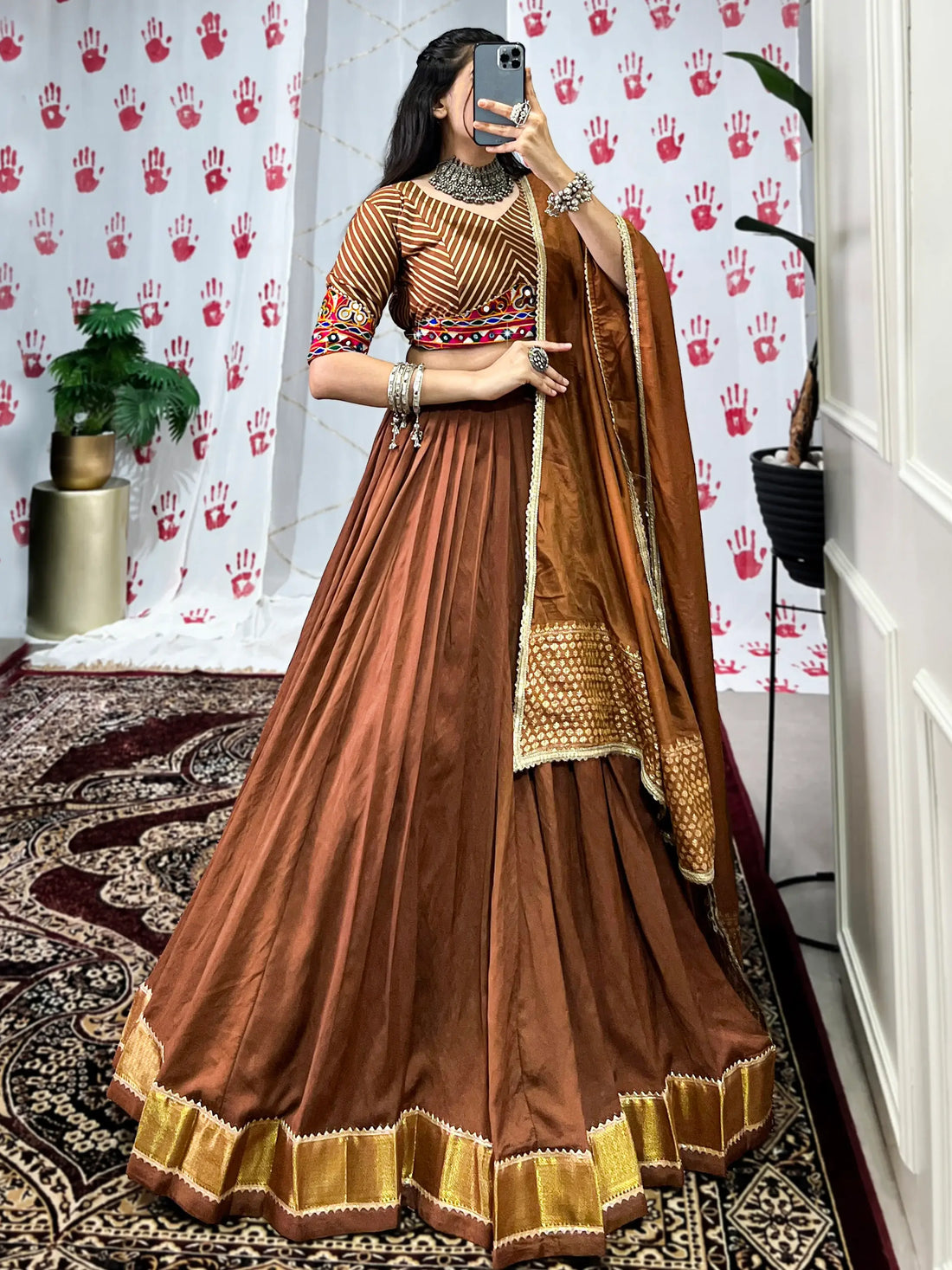Gorgeous Brown Zari Weaving Border Chanderi Silk Navratri Wear Lehenga Choli - Zeel Clothing