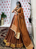 Gorgeous Brown Zari Weaving Border Chanderi Silk Navratri Wear Lehenga Choli - Zeel Clothing