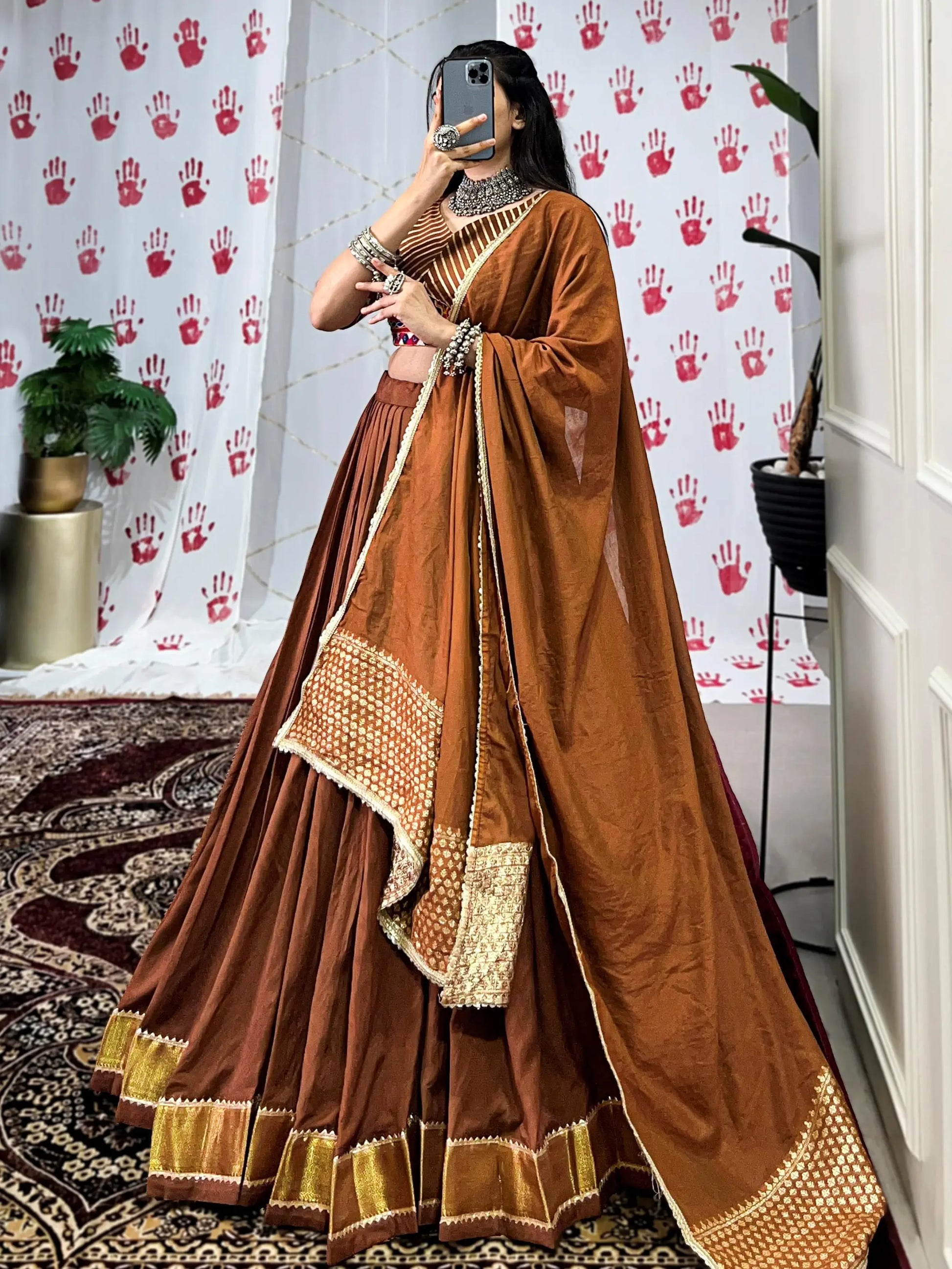 Gorgeous Brown Zari Weaving Border Chanderi Silk Navratri Wear Lehenga Choli - Zeel Clothing