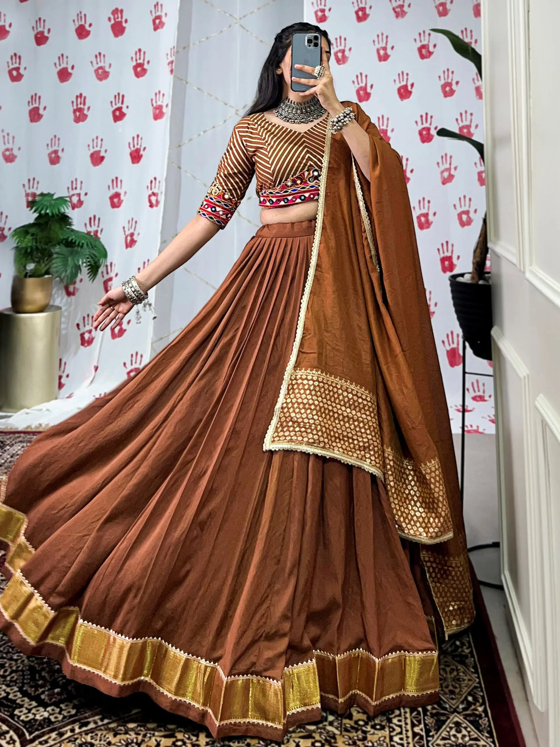 Gorgeous Brown Zari Weaving Border Chanderi Silk Navratri Wear Lehenga Choli - Zeel Clothing