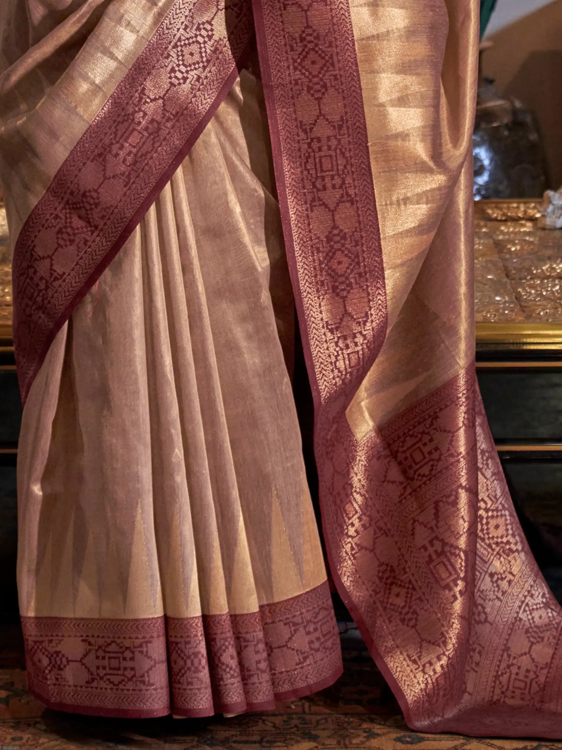 Gorgeous Brown Zari Weaving Tissue Silk Event Wear Saree With Blouse - Zeel Clothing
