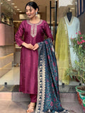 Gorgeous Burgundy Embroidered Rayon Pant Suit With Dupatta - Zeel Clothing