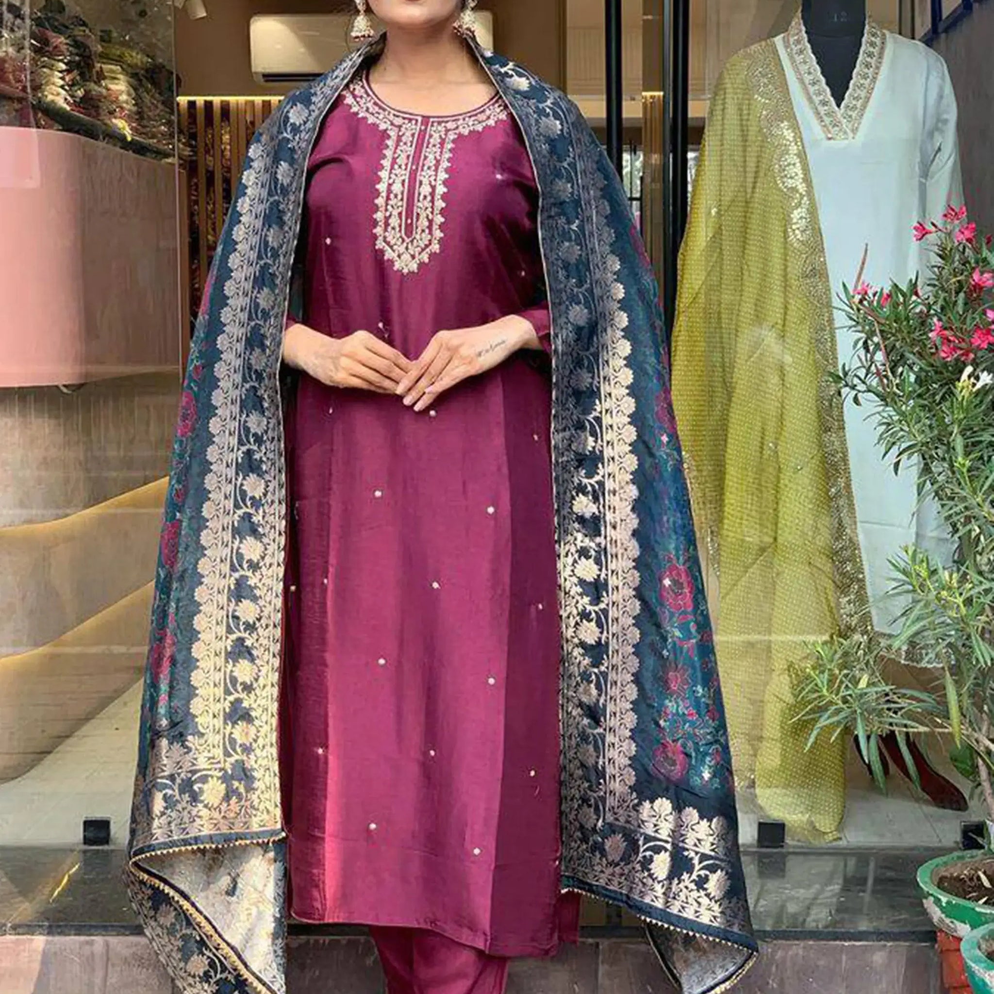 Gorgeous Burgundy Embroidered Rayon Pant Suit With Dupatta - Zeel Clothing