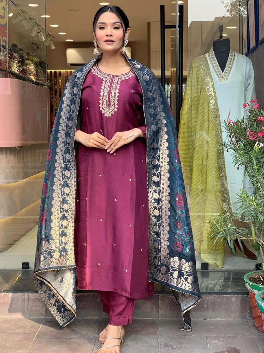 Gorgeous Burgundy Embroidered Rayon Pant Suit With Dupatta - Zeel Clothing