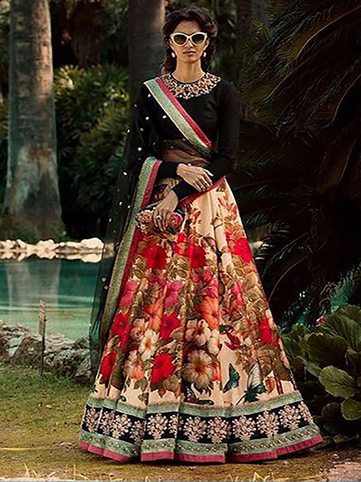 Gorgeous Colorful Floral Printed Lehenga With Black Choli