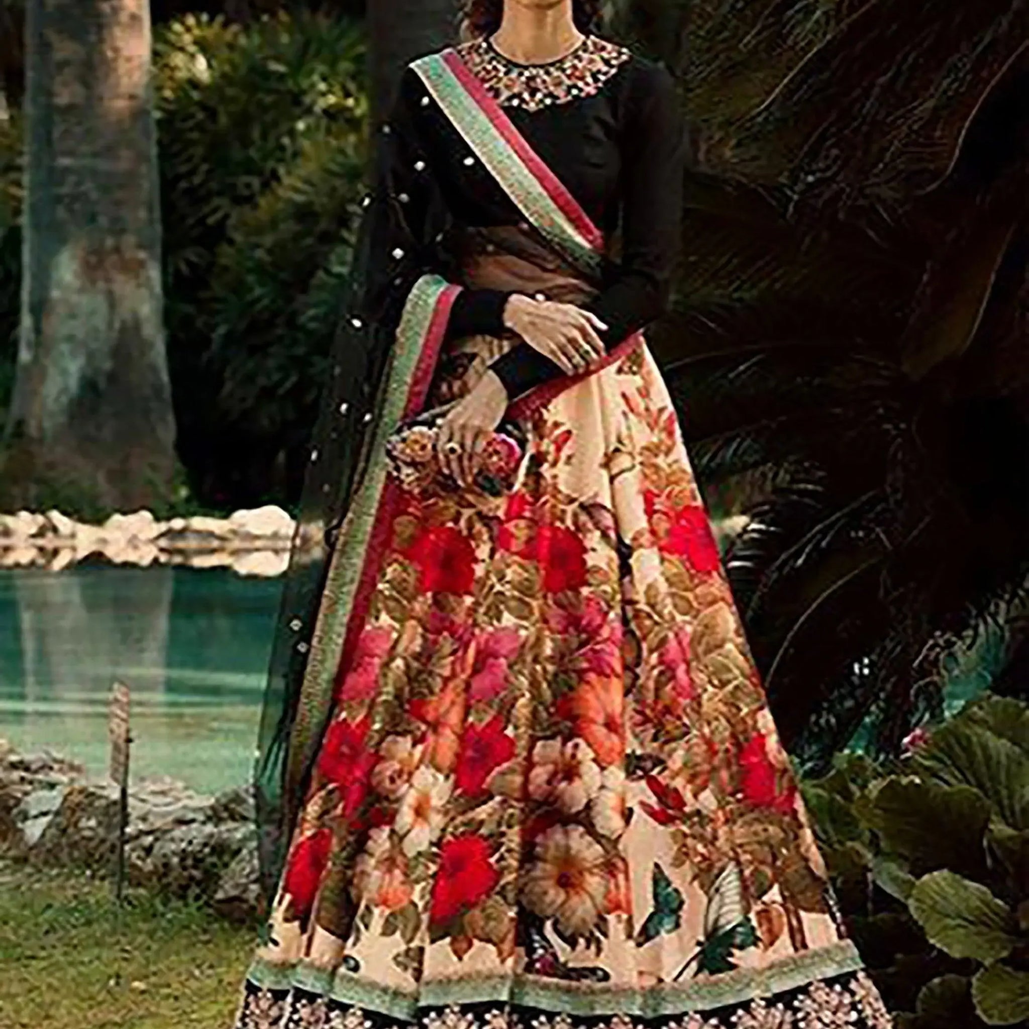 Gorgeous Colorful Floral Printed Lehenga With Black Choli - Zeel Clothing