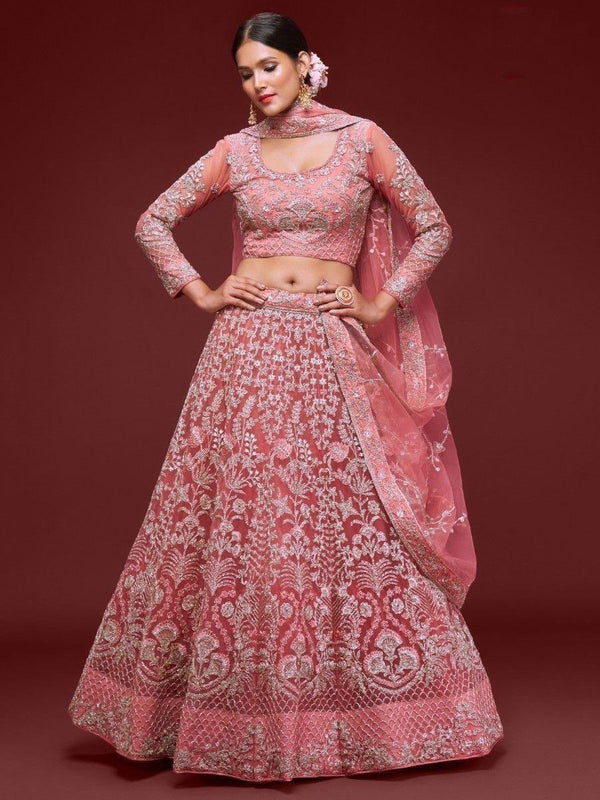 Gorgeous Coral Embroidered Net Wedding Wear Lehenga Choli