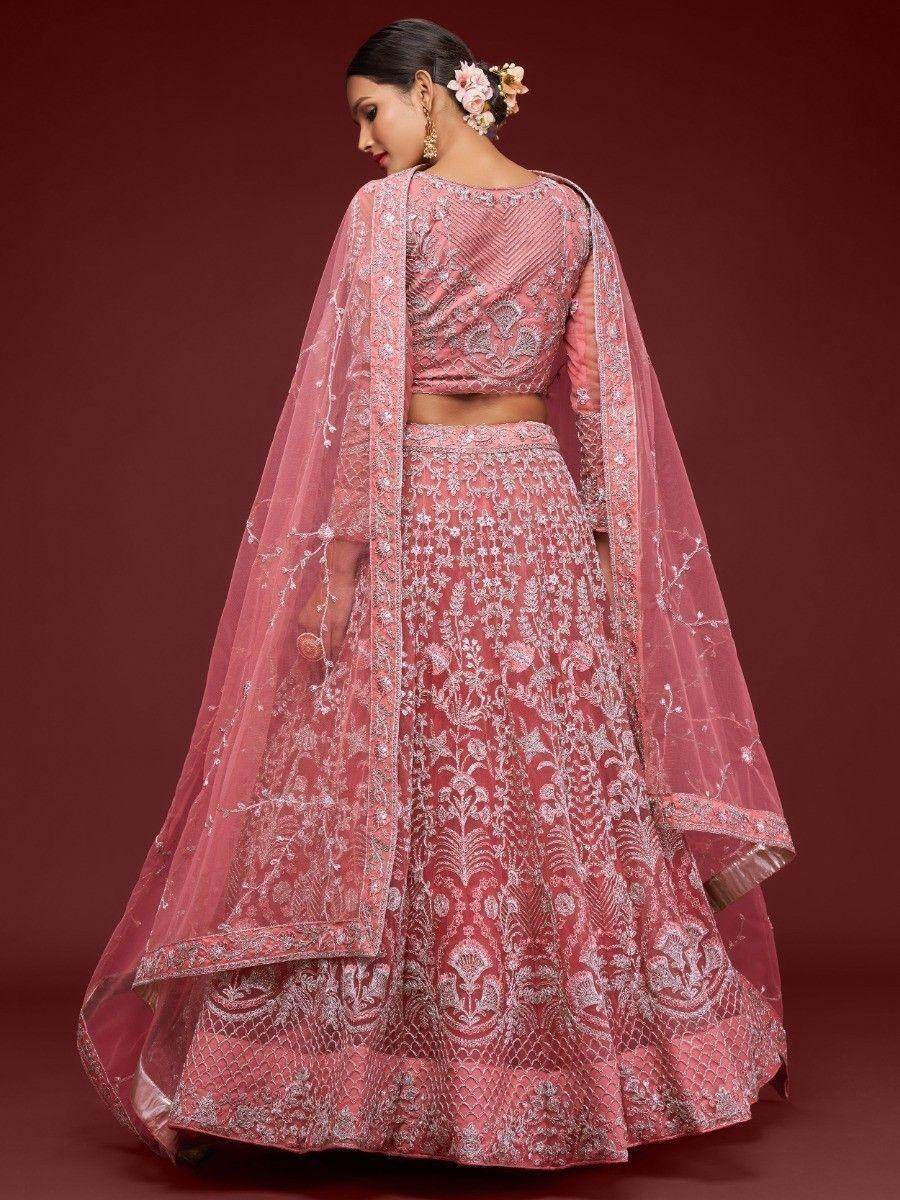 Gorgeous Coral Embroidered Net Wedding Wear Lehenga Choli - Zeel Clothing