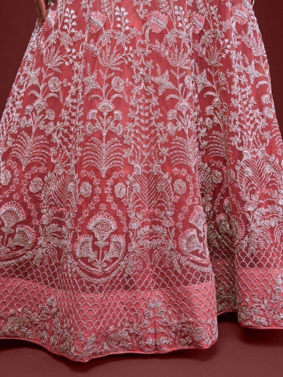 Gorgeous Coral Embroidered Net Wedding Wear Lehenga Choli - Zeel Clothing