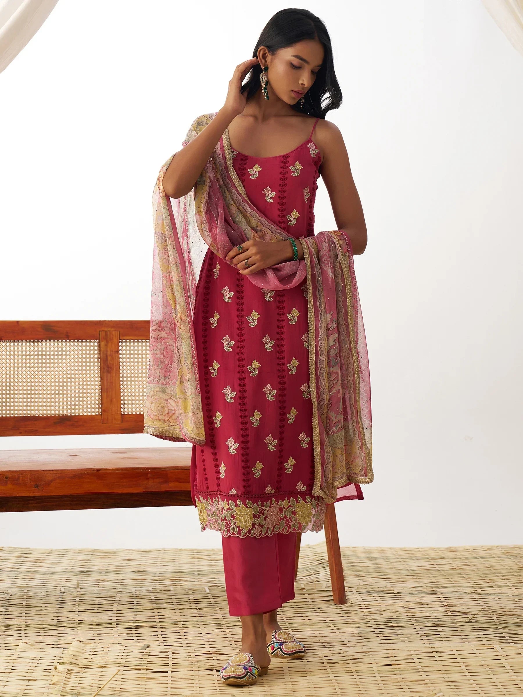 Gorgeous Coral Red Thread Embroidery Organza Festival Wear Pant Suit - Zeel Clothing