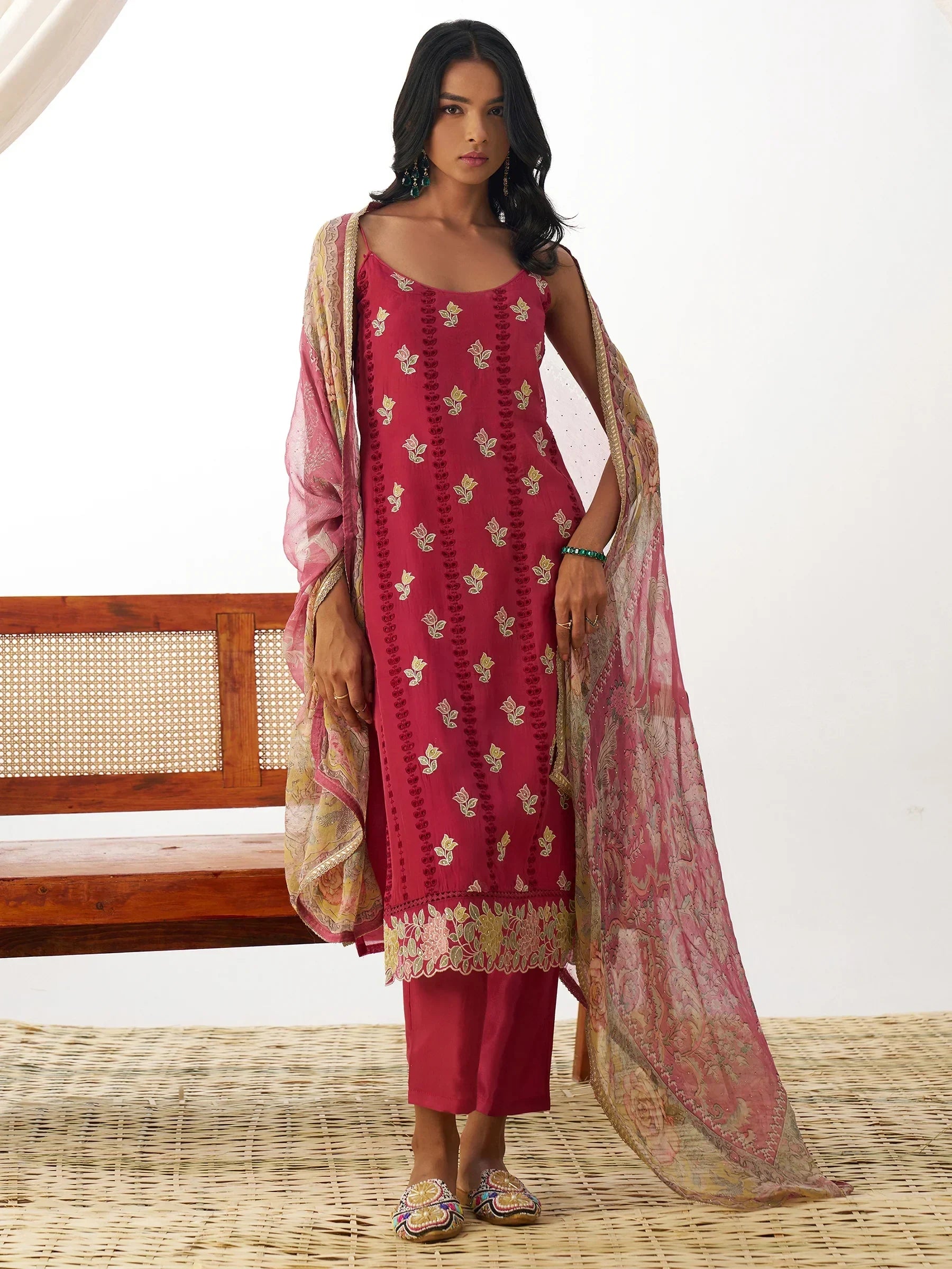 Gorgeous Coral Red Thread Embroidery Organza Festival Wear Pant Suit - Zeel Clothing