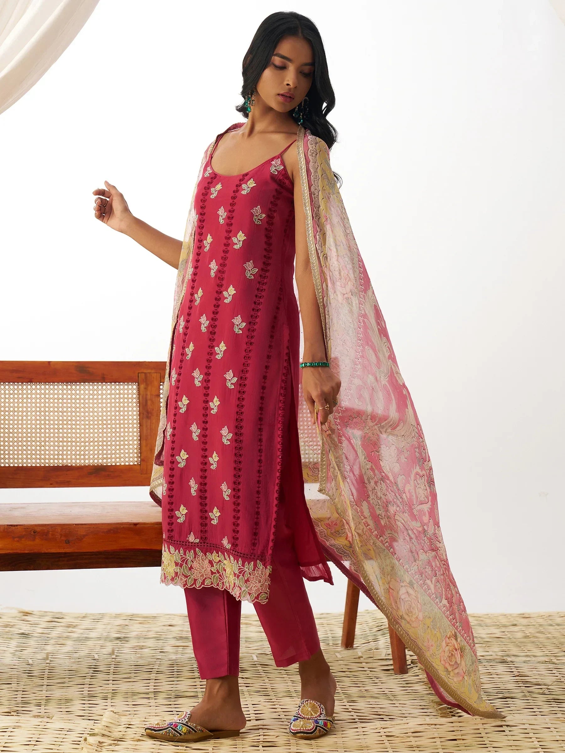 Gorgeous Coral Red Thread Embroidery Organza Festival Wear Pant Suit - Zeel Clothing