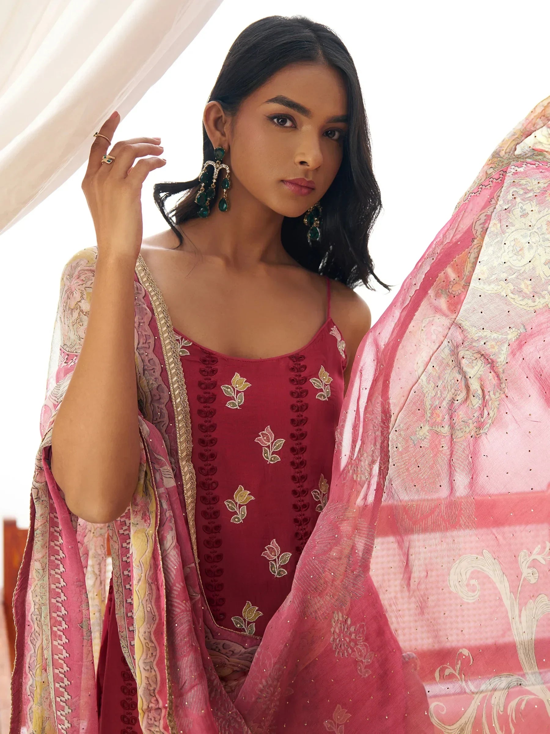 Gorgeous Coral Red Thread Embroidery Organza Festival Wear Pant Suit - Zeel Clothing
