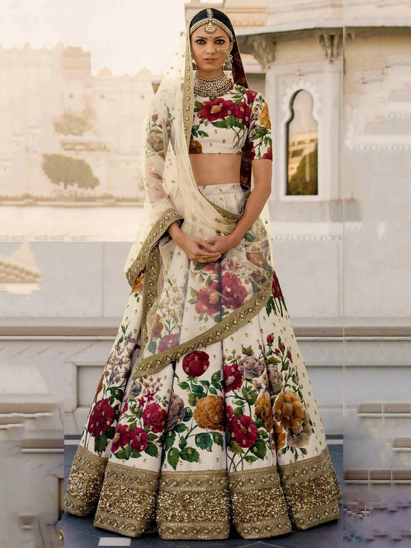 Gorgeous Cream Colored Partywear Designer Embroidered Lehenga Choli