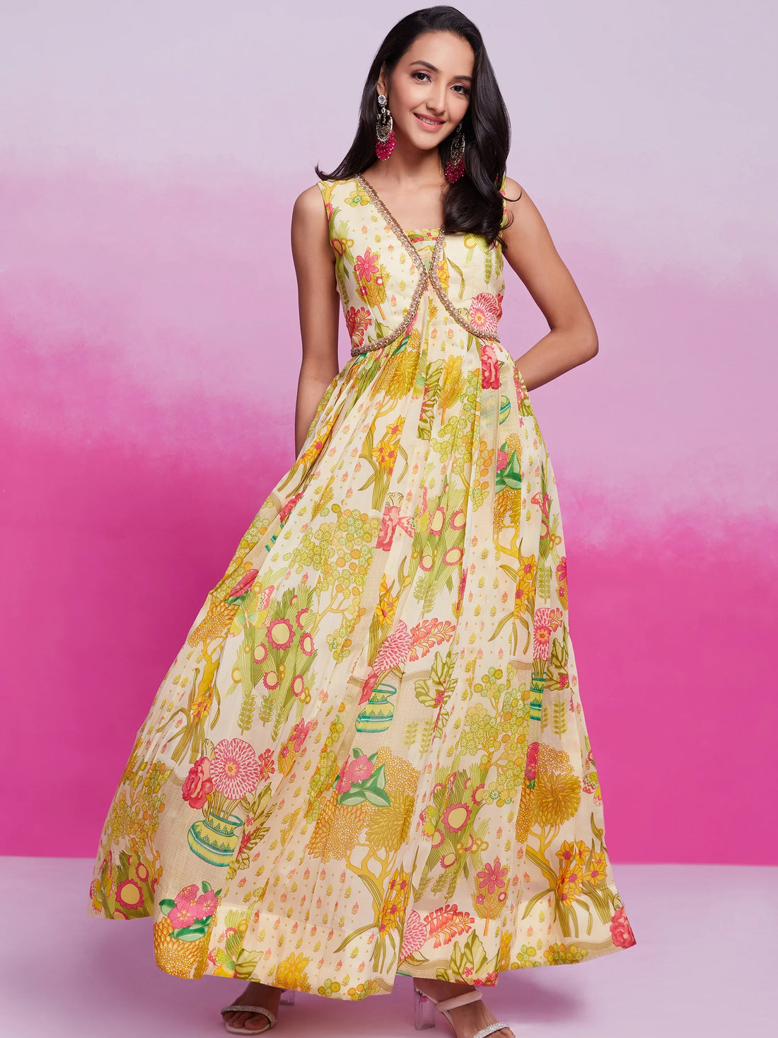 Gorgeous Cream Floral Printed Organza Silk Party Wear Gown - Zeel Clothing