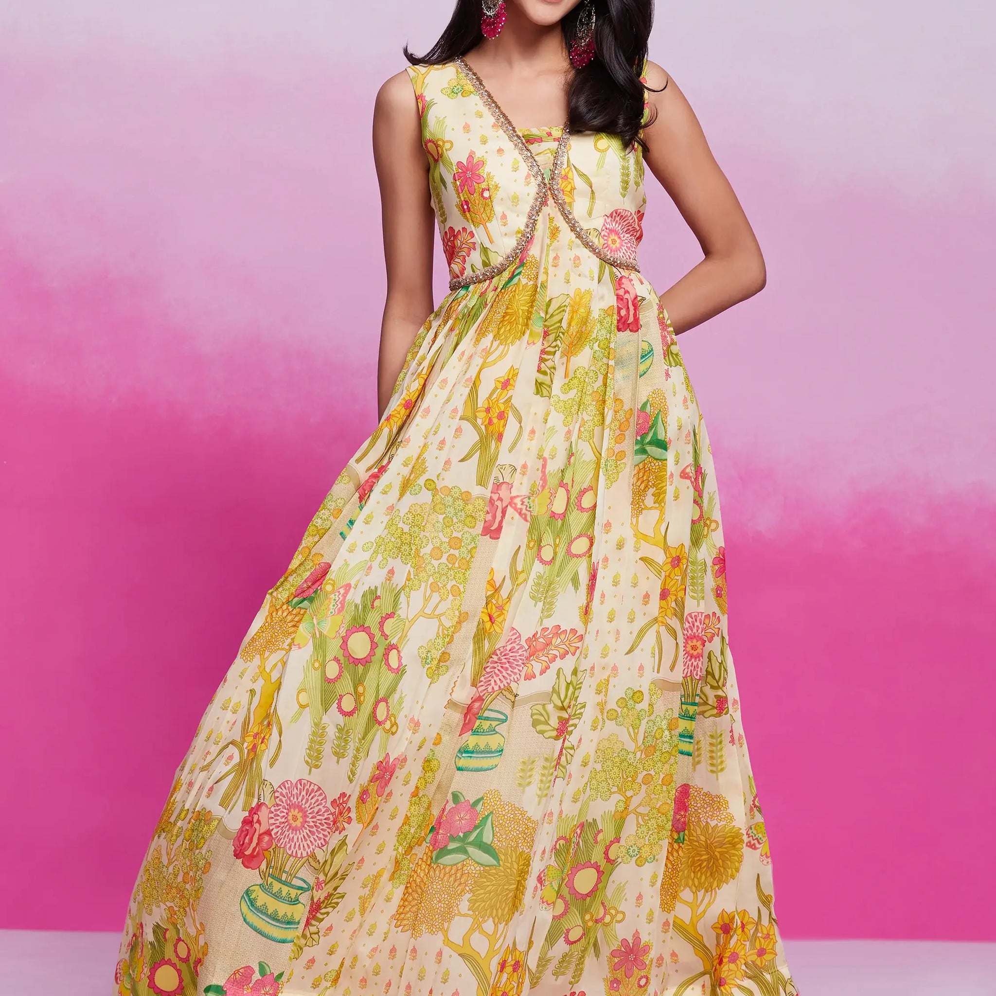 Gorgeous Cream Floral Printed Organza Silk Party Wear Gown - Zeel Clothing