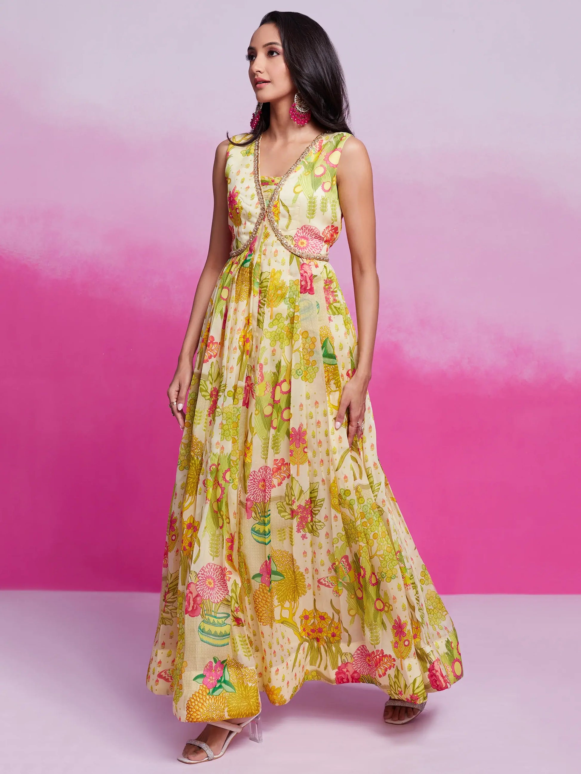 Gorgeous Cream Floral Printed Organza Silk Party Wear Gown - Zeel Clothing