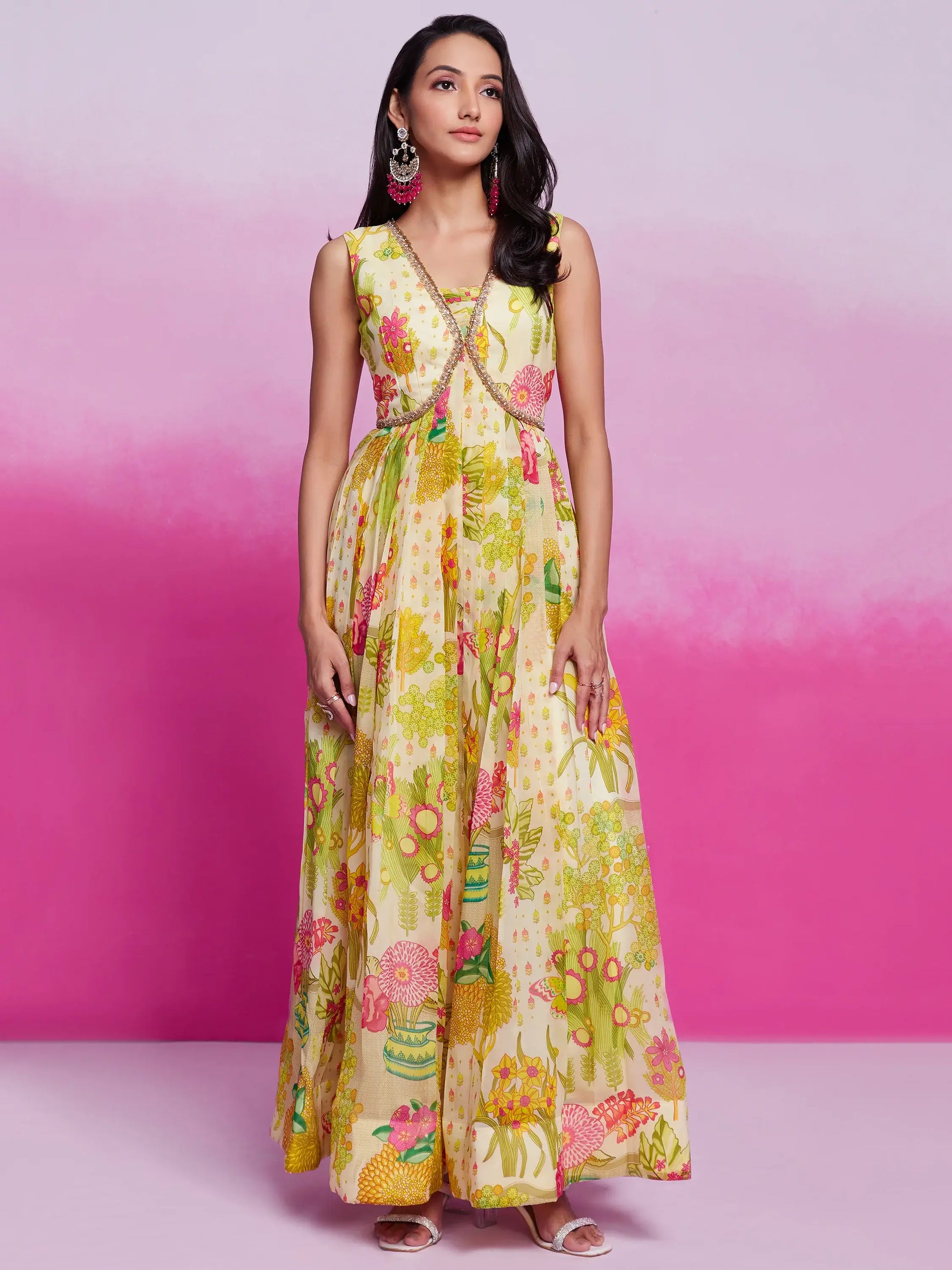 Gorgeous Cream Floral Printed Organza Silk Party Wear Gown - Zeel Clothing