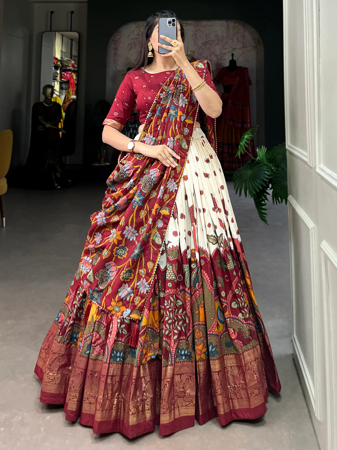 Gorgeous Cream kalamkari Printed Silk Navratri Wear Lehenga Choli - Zeel Clothing