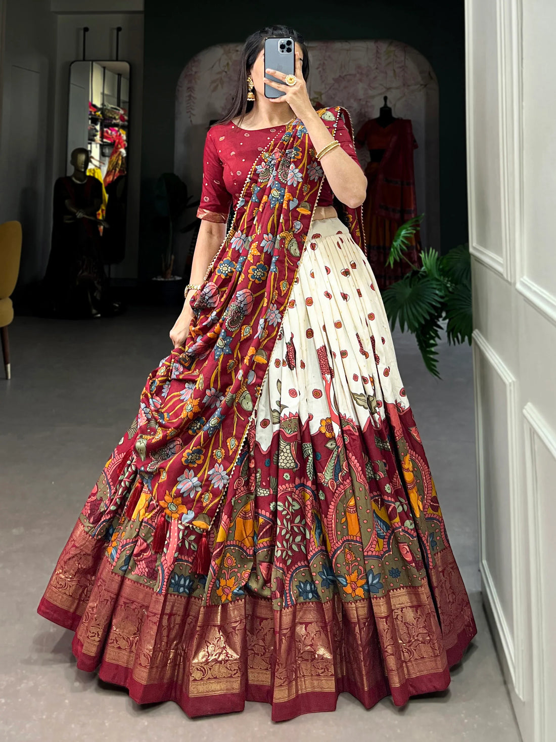 Gorgeous Cream kalamkari Printed Silk Navratri Wear Lehenga Choli - Zeel Clothing
