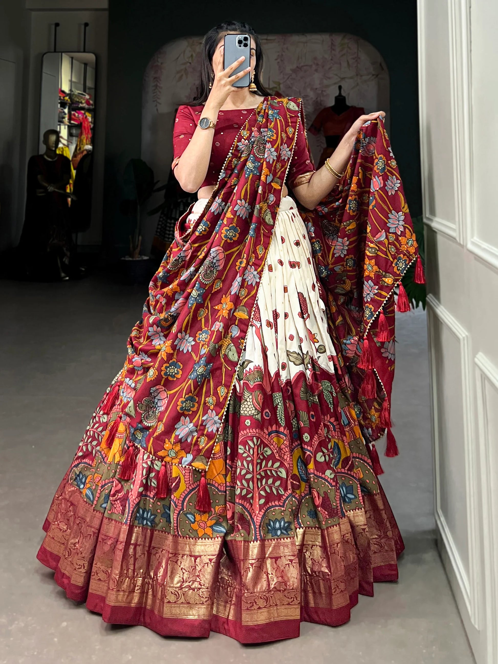 Gorgeous Cream kalamkari Printed Silk Navratri Wear Lehenga Choli - Zeel Clothing