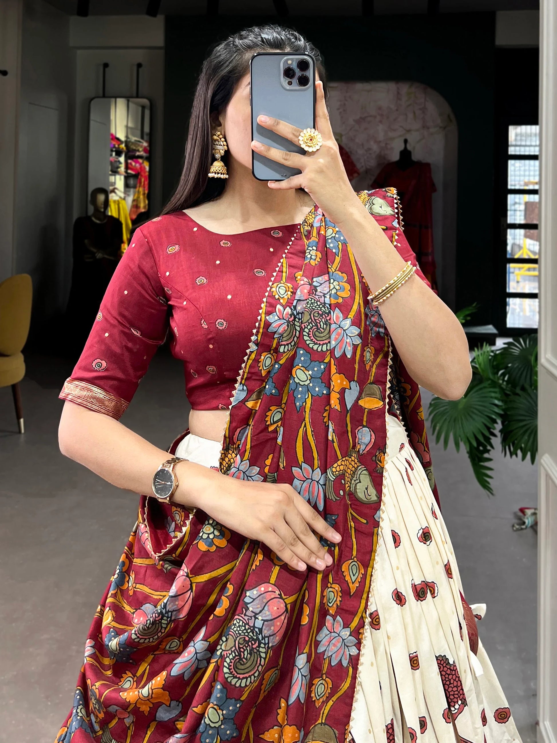Gorgeous Cream kalamkari Printed Silk Navratri Wear Lehenga Choli - Zeel Clothing