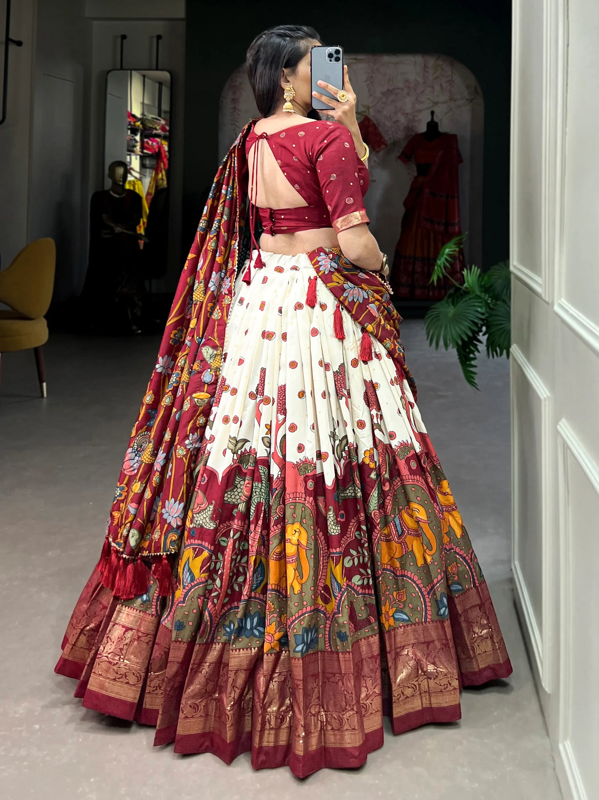 Gorgeous Cream kalamkari Printed Silk Navratri Wear Lehenga Choli - Zeel Clothing
