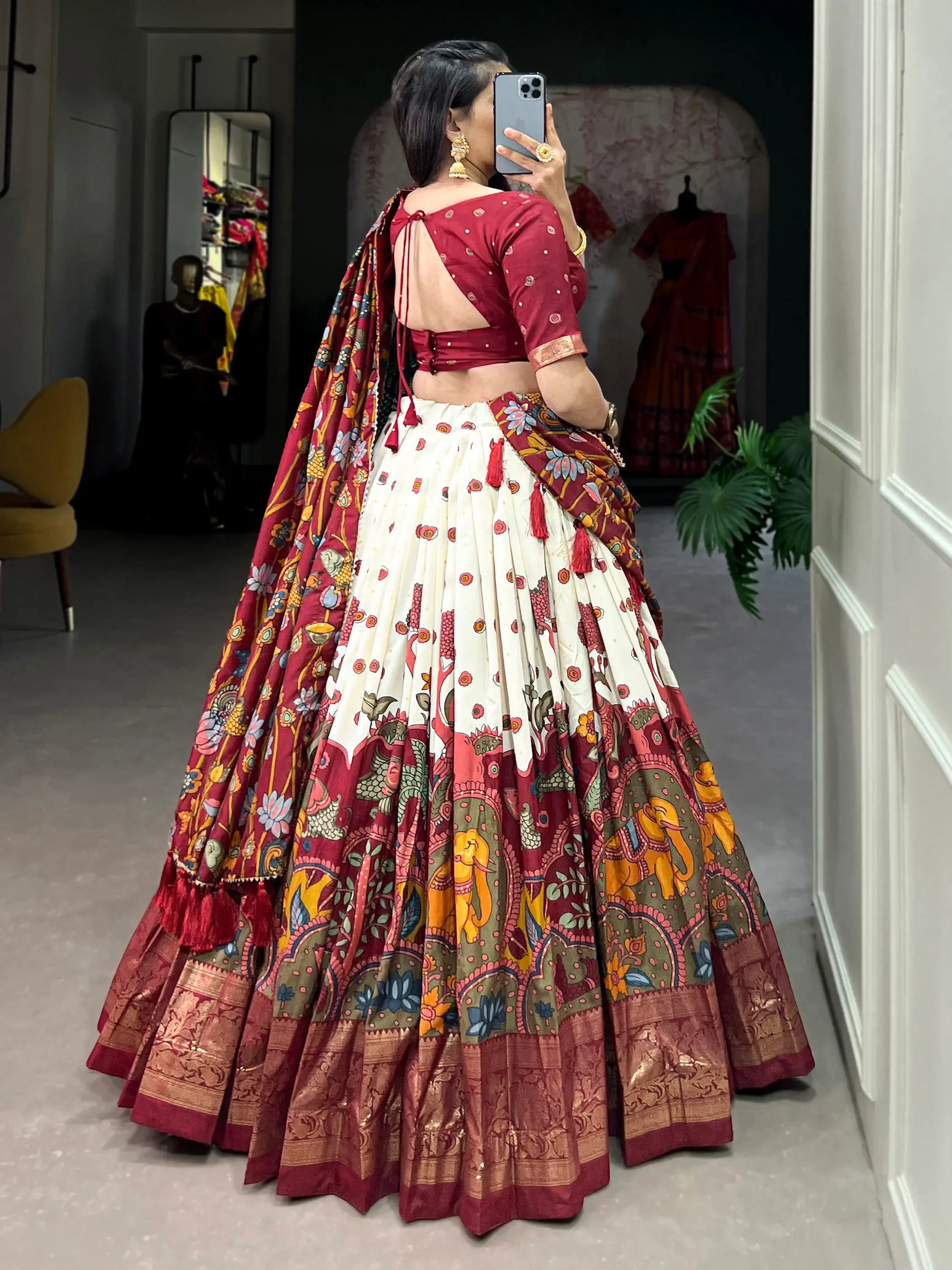Gorgeous Cream kalamkari Printed Silk Navratri Wear Lehenga Choli - Zeel Clothing