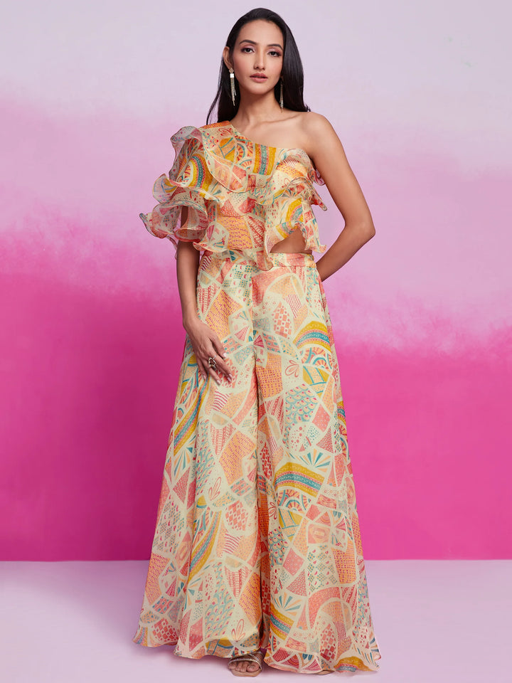 Gorgeous Cream Printed Organza Party Wear Crop Top With Palazzo - Zeel Clothing