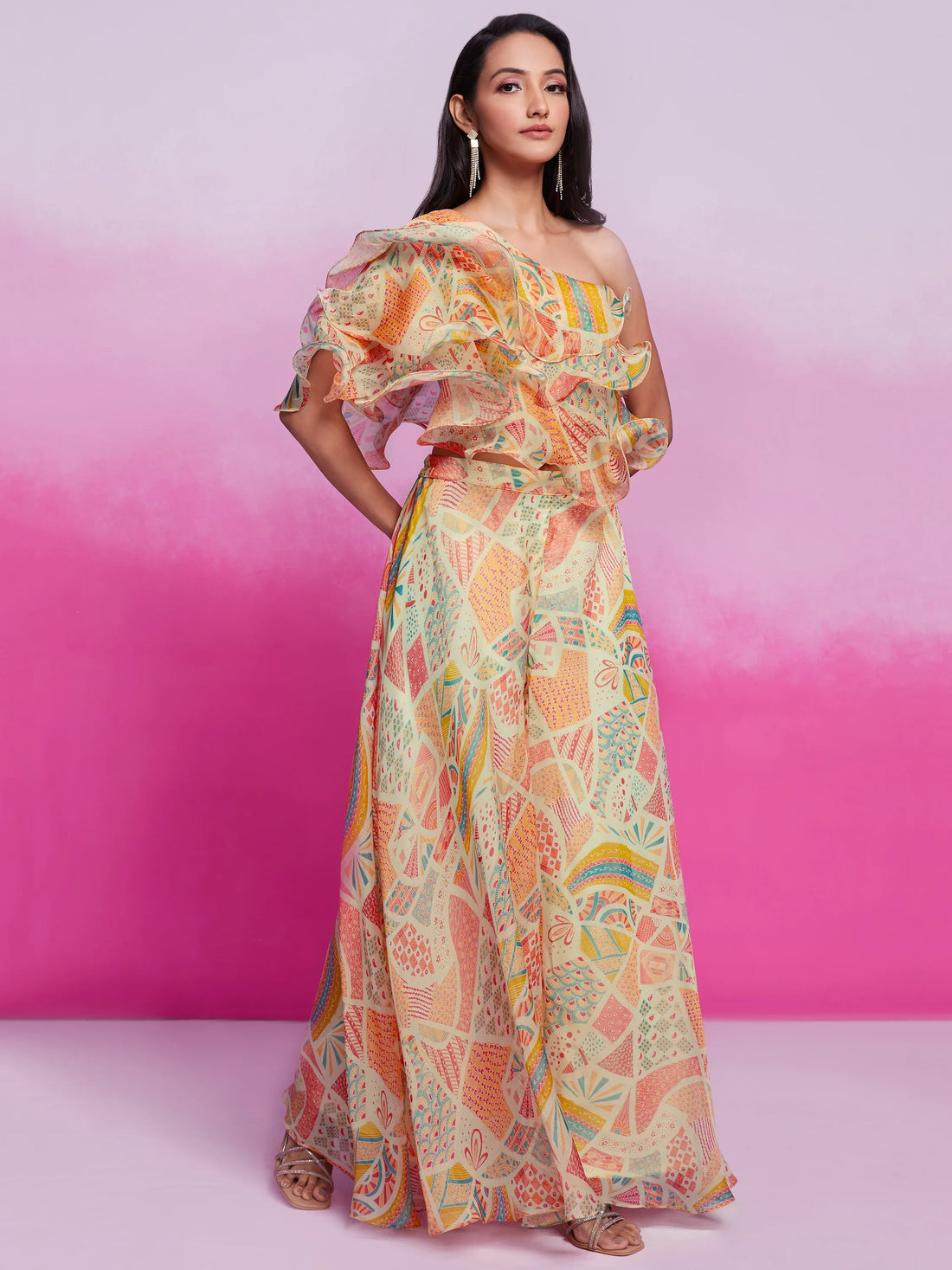 Gorgeous Cream Printed Organza Party Wear Crop Top With Palazzo - Zeel Clothing