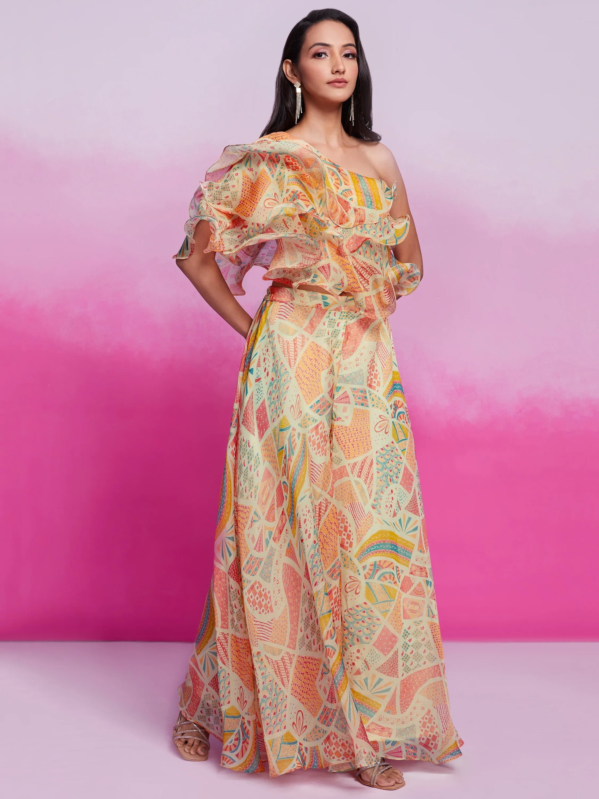 Gorgeous Cream Printed Organza Party Wear Crop Top With Palazzo - Zeel Clothing