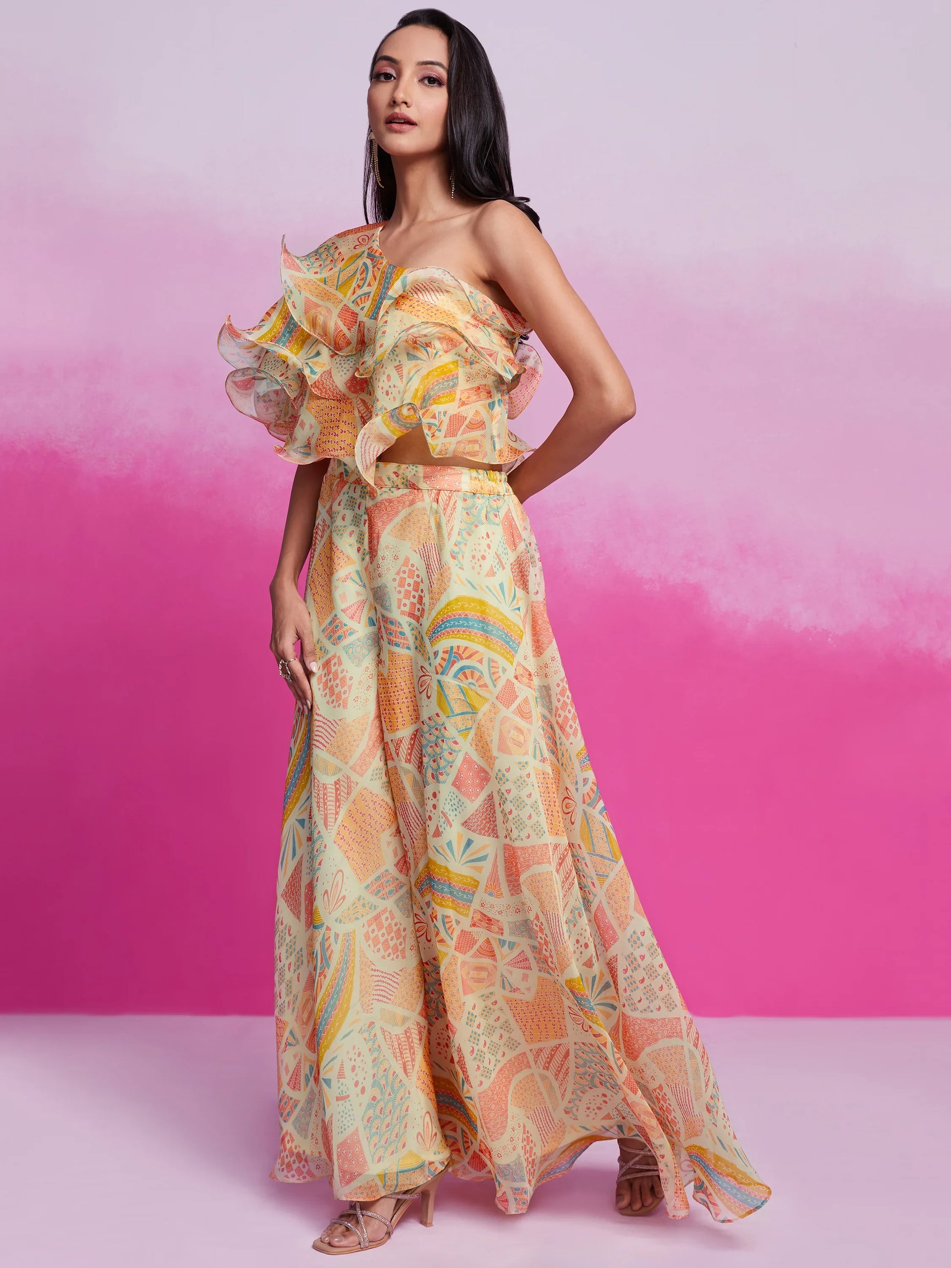 Gorgeous Cream Printed Organza Party Wear Crop Top With Palazzo - Zeel Clothing