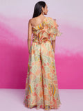 Gorgeous Cream Printed Organza Party Wear Crop Top With Palazzo - Zeel Clothing