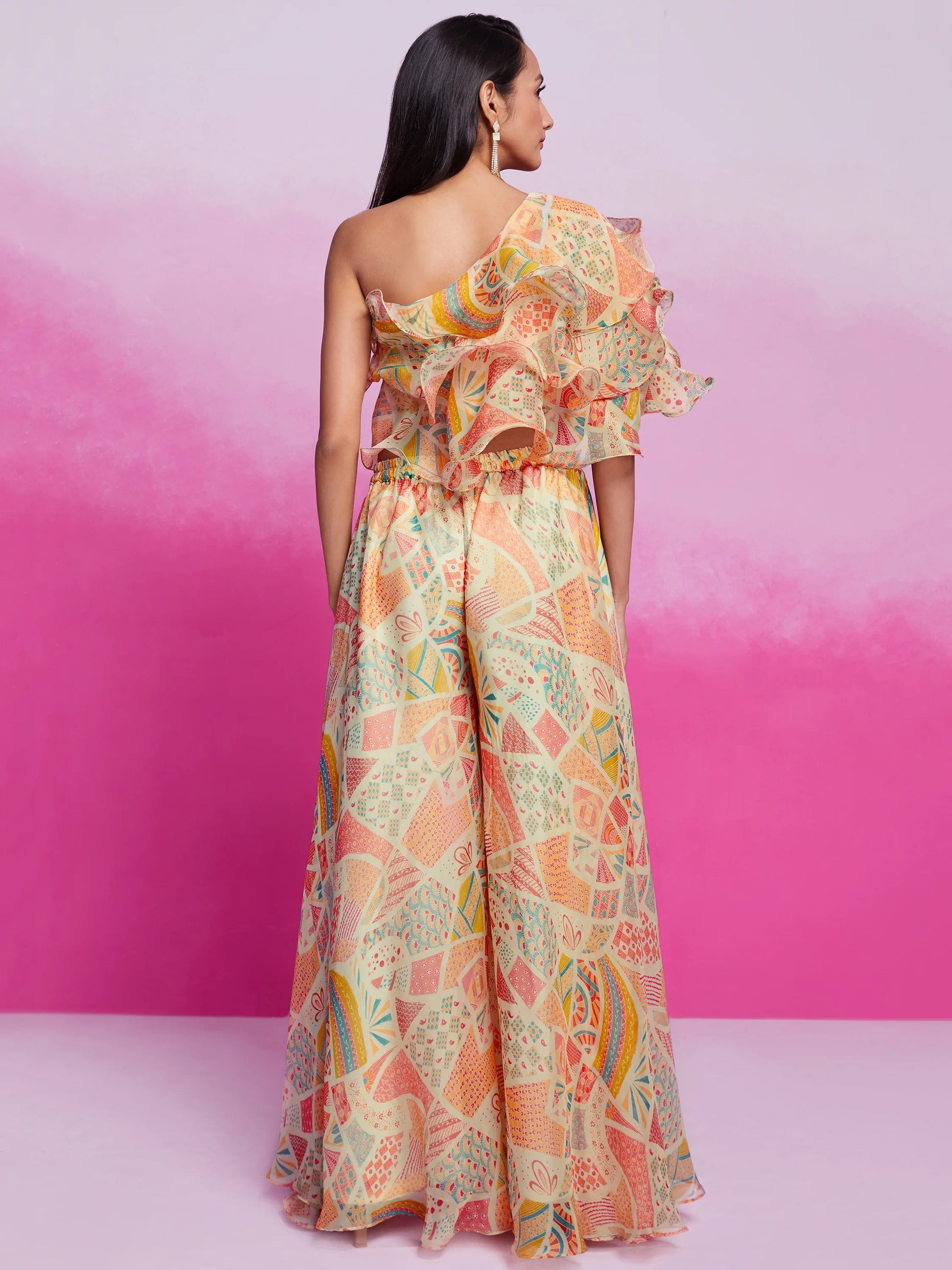 Gorgeous Cream Printed Organza Party Wear Crop Top With Palazzo - Zeel Clothing